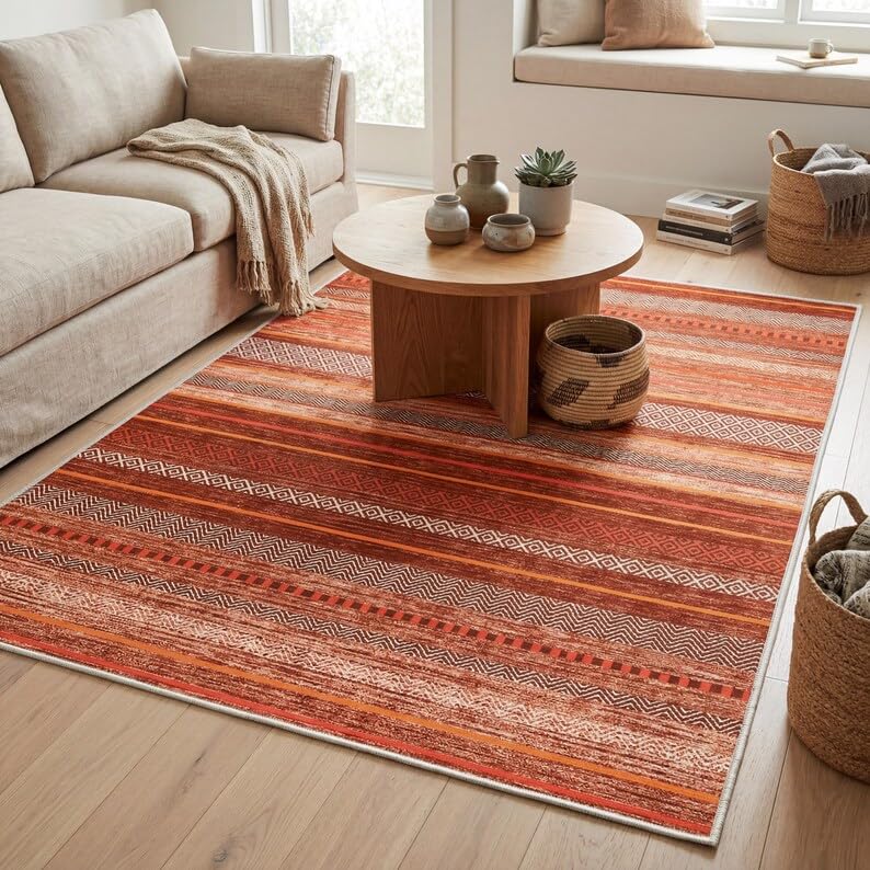 Tapis antidérapant lavable en machine à motifs géométriques terracotta doux - 3