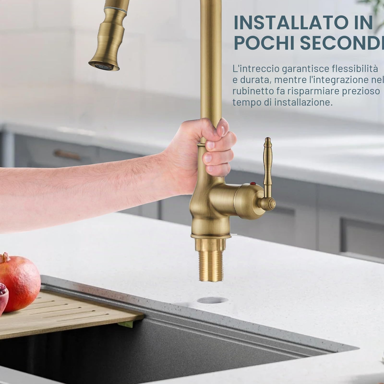 Rubinetto da Cucina in Ottone Antico Stile Retro, Miscelatore da Cucina con Doccetta Estraibile, Girevole a 360°, Monocomando con Funzione Spruzzo per Cucina