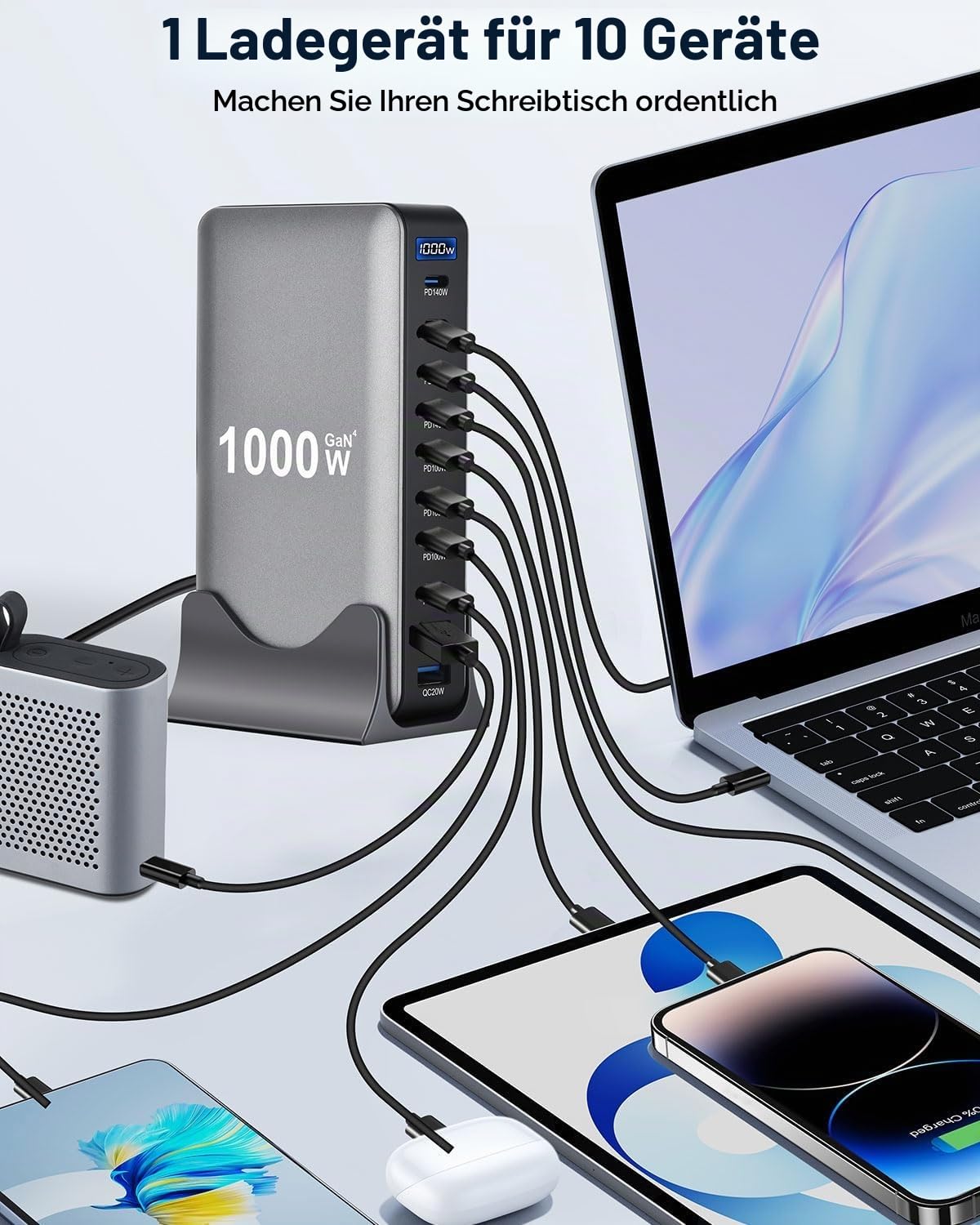1000W USB C Ladegerät Mehrfach,10 Ports GaN III Schnellladegerät Ladestation mit 8 USB-C und 2 USB-A Charger PD PPS 100W Laptop Ladegerät Adapter für Mac Book Pro/Air/iPad Pro