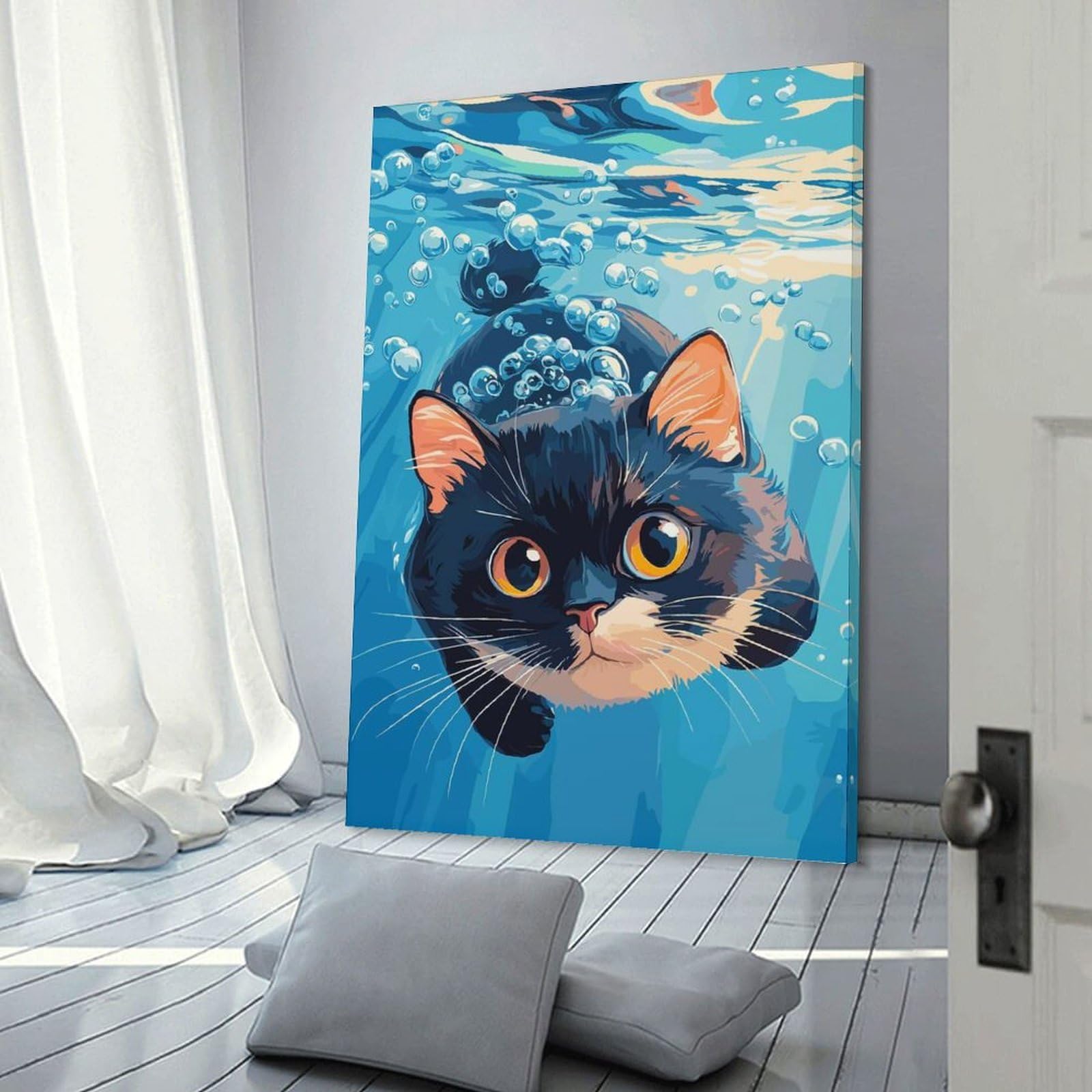 Junmoney Frame-Style-24 Underwater Cat Illustration Canvas Wall Decor, 24X36inch(60X90cm), For Flats, Guest Rooms Or Compact Rooms, Decorative Canvas Decor For Home Updates