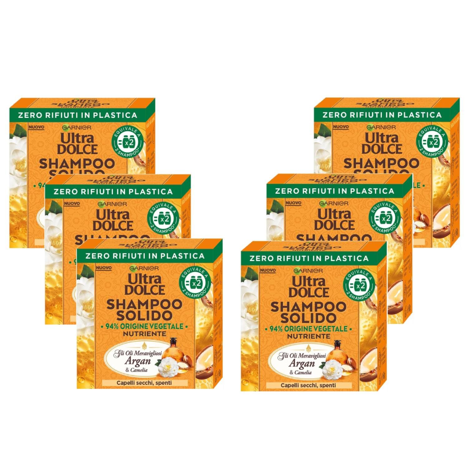 Garnier Ultra Dolce Shampoo Solido Nutriente A Base Vegetale Per Capelli Secchi e Spenti Con Olio Di Argan e Camelia 60 Gr 6 Unità