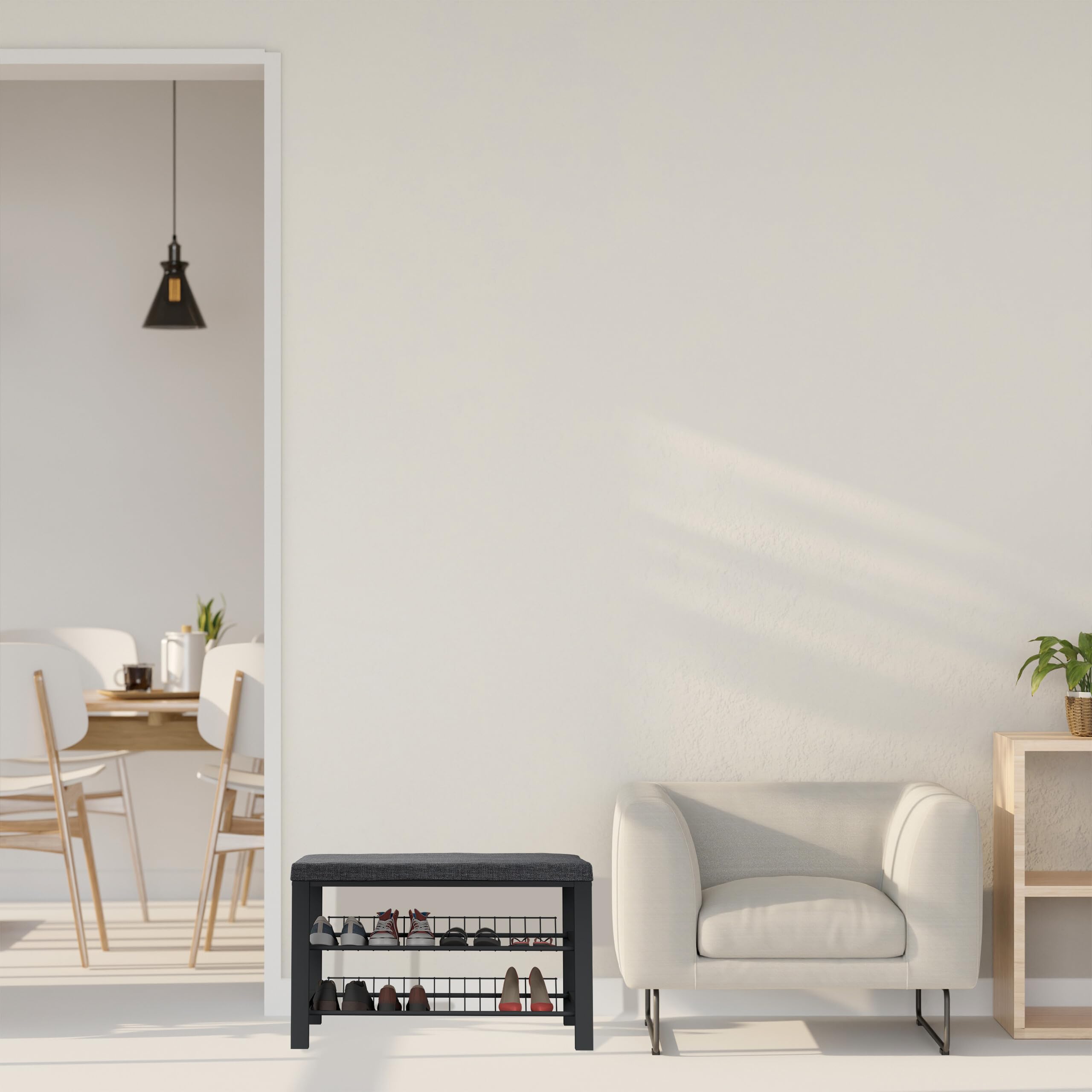 Relaxdays Panca Scarpiera da Ingresso, 2 Ripiani Portascarpe, Panchina Cuscino Imbottito, 50,5x82x33 cm, Nero Grigio, Fibra di Legno