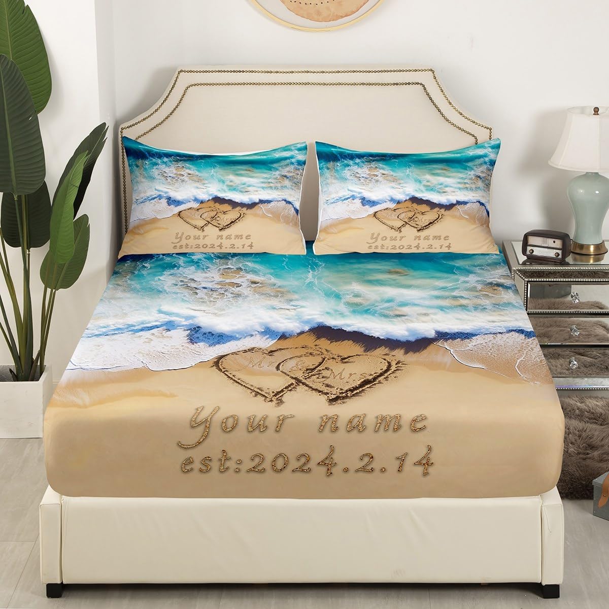 Customized Couple Fitted Sheet Beach Scenery Bed Set Full Size, Valentine's Day Birthday Gift for Him/Her Romance Beach Bed Sheets with Custom Names and Date Engraved On Sand - No Flat Sheet
