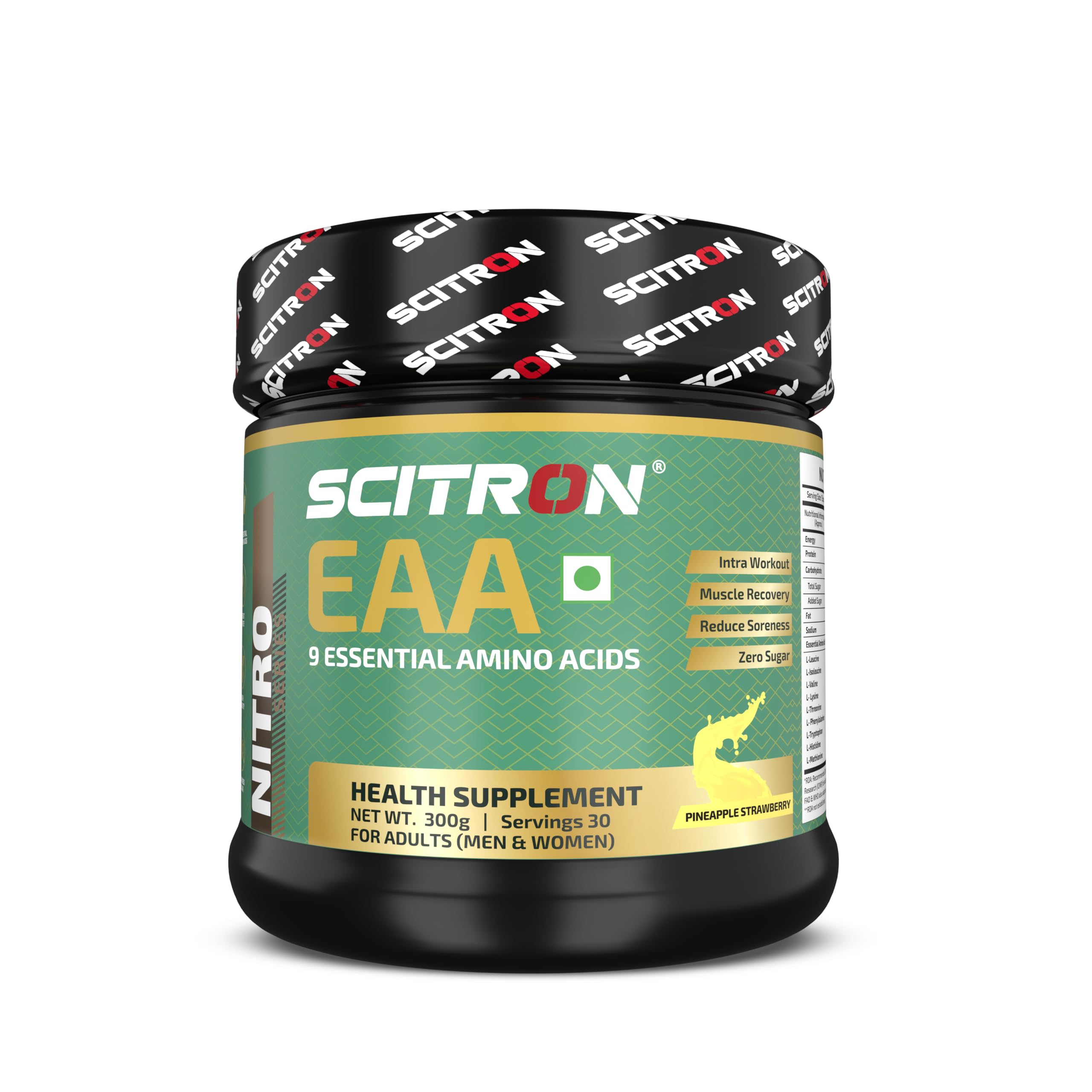Scitron Nitro Series EAA 9 Essential Amino Acids (6.5g EAA, 4.8g BCAA, 0g Sugar) - 300g (Pineapple Strawberry, 300g)
