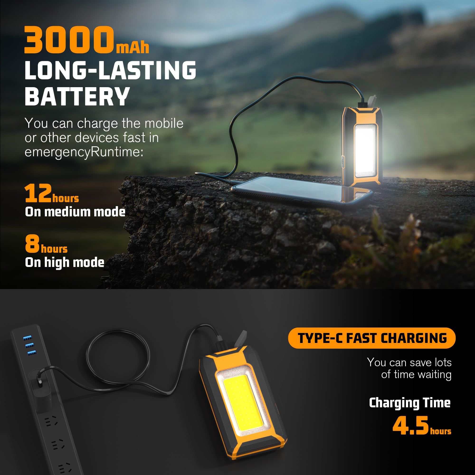 Favorlite Lot de 2 lampes de travail LED 40 W 1600 lm, rechargeables, portables, magnétiques, pour camping, urgence, réparation de voiture, éclairage étanche