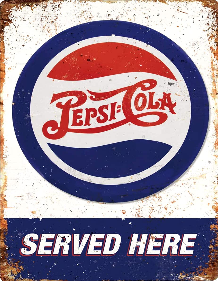 BigBazza Vintage Advertising Wall Tin Plaque 20x15cm - Pub Shed Bar Man Cave Home Bedroom Office Kitchen Gift Metal Sign - Retro Pepsi Cola Advert Served Here USA Soft Drink inspired Café Shop