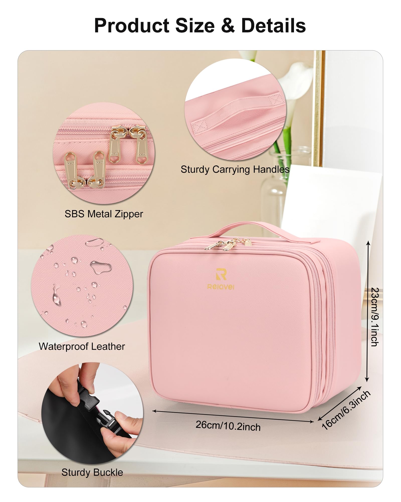 Relavel Travel Makeup Organizer Bag with LED Mirror and Dividers