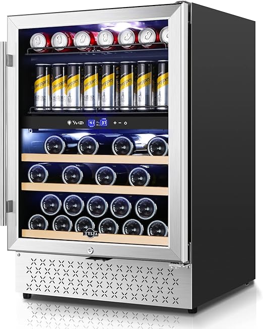 Tylza Dual Zone Wine Fridge 24 Inch Wine and Beverage Refrigerator Built-in or Freestanding Wine Beer Fridge Under Counter Wine Cellar with Stainless Steel and Temperature Memory Function