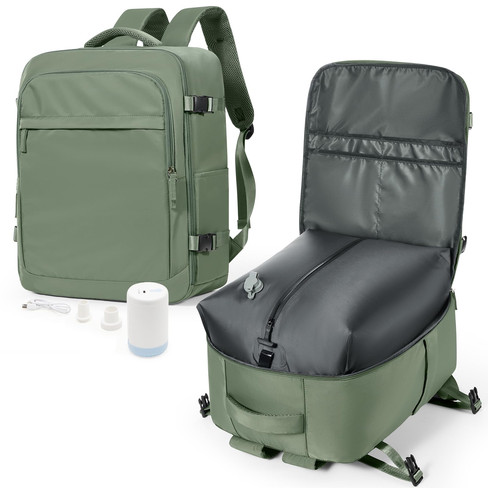 VGCUB Travel Vacpack Backpack with Electric Pump Vacuum System Storage Compression Carry on 18x14x8 Inches Personal Item Bags for Women Men Work Business Waterproof College Backpack Dark Green