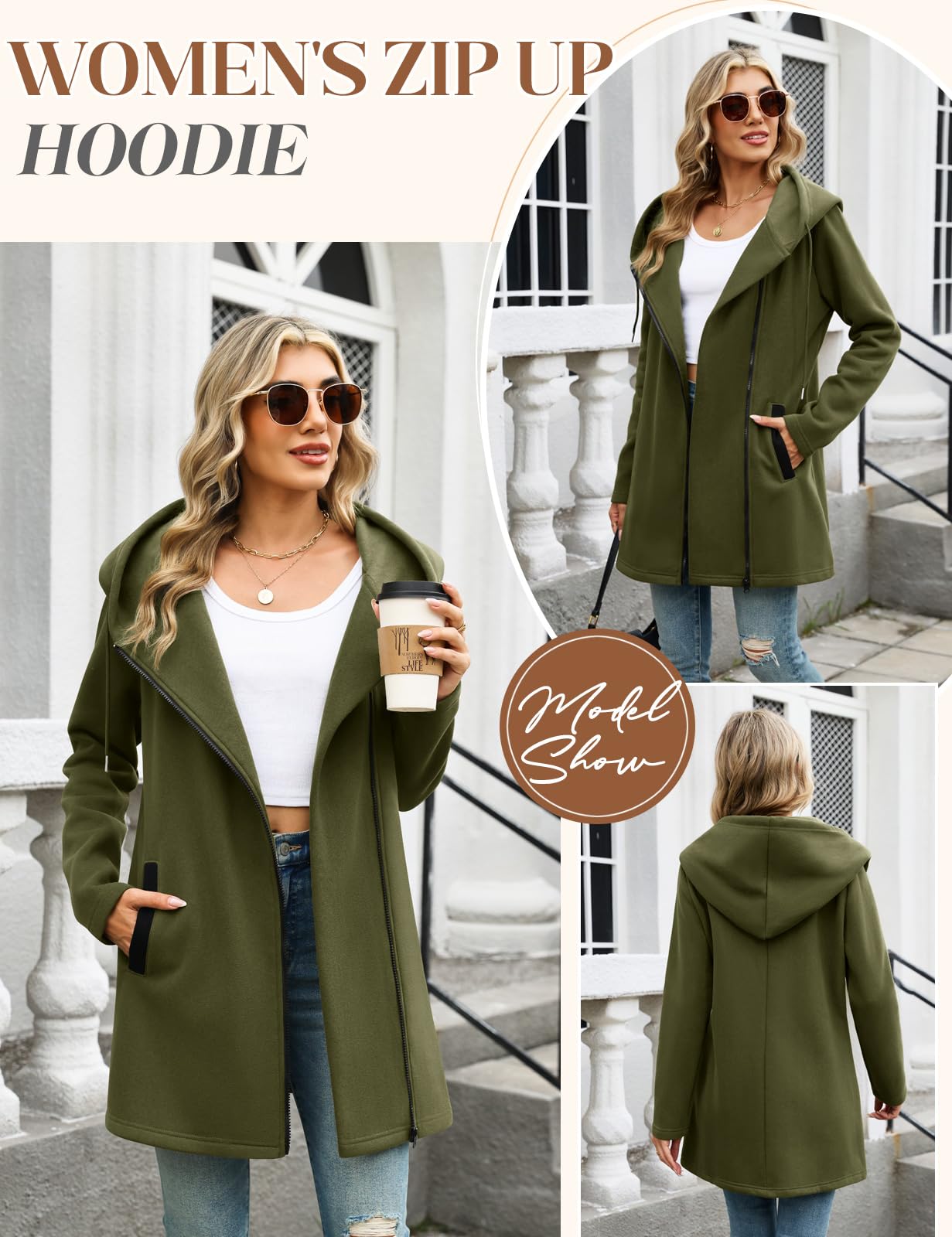 Vancavoo Sudaderas Mujer Cremallera Chaquetas con Capucha Asimetría Hoodie Polar Abrigo Casual Outwear Primavera y Otoño