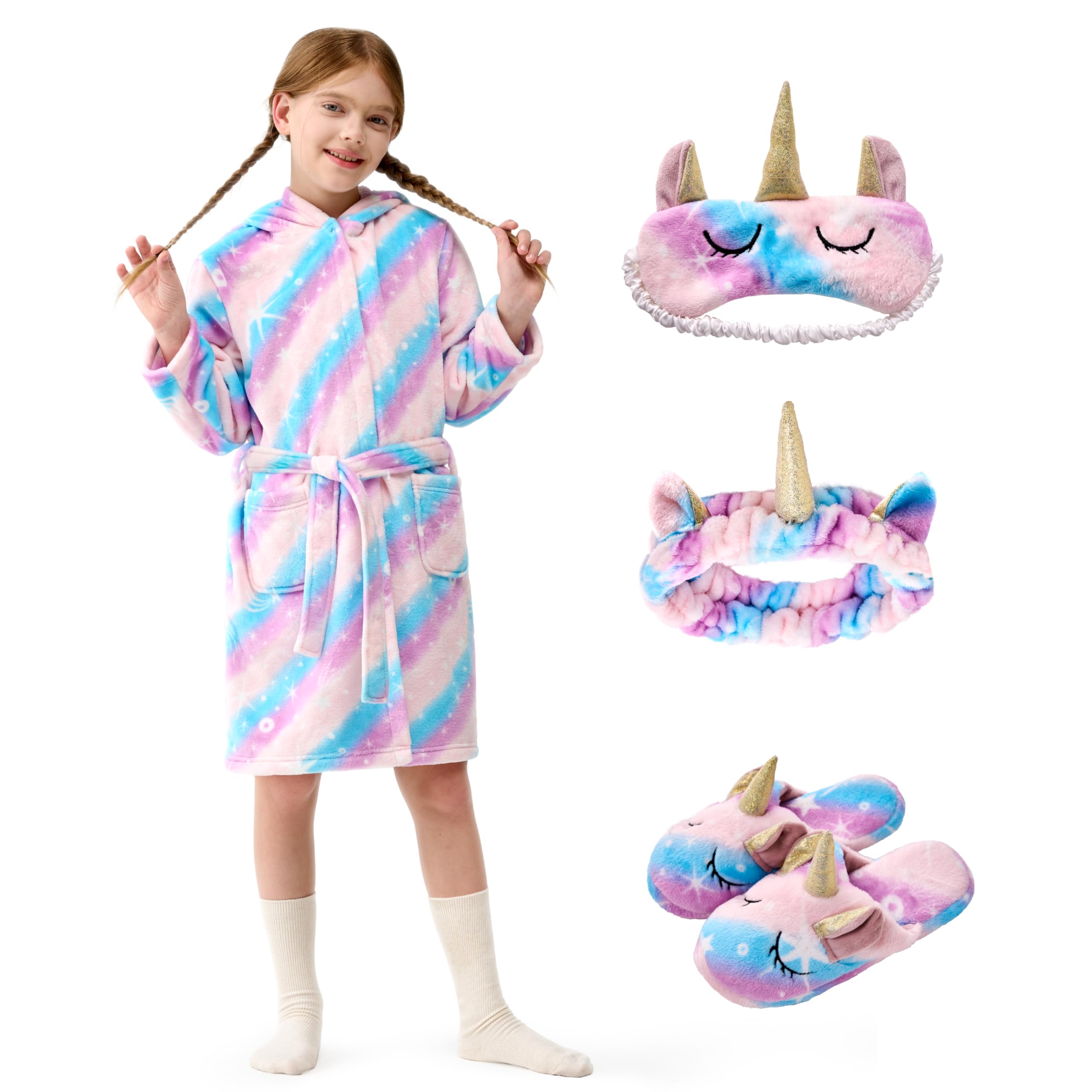 Giggling GetupUnicorn Kids Robe, Girls Bath Robe with Headband, Slippers, Eye Mask, Girls Christmas Pajamas