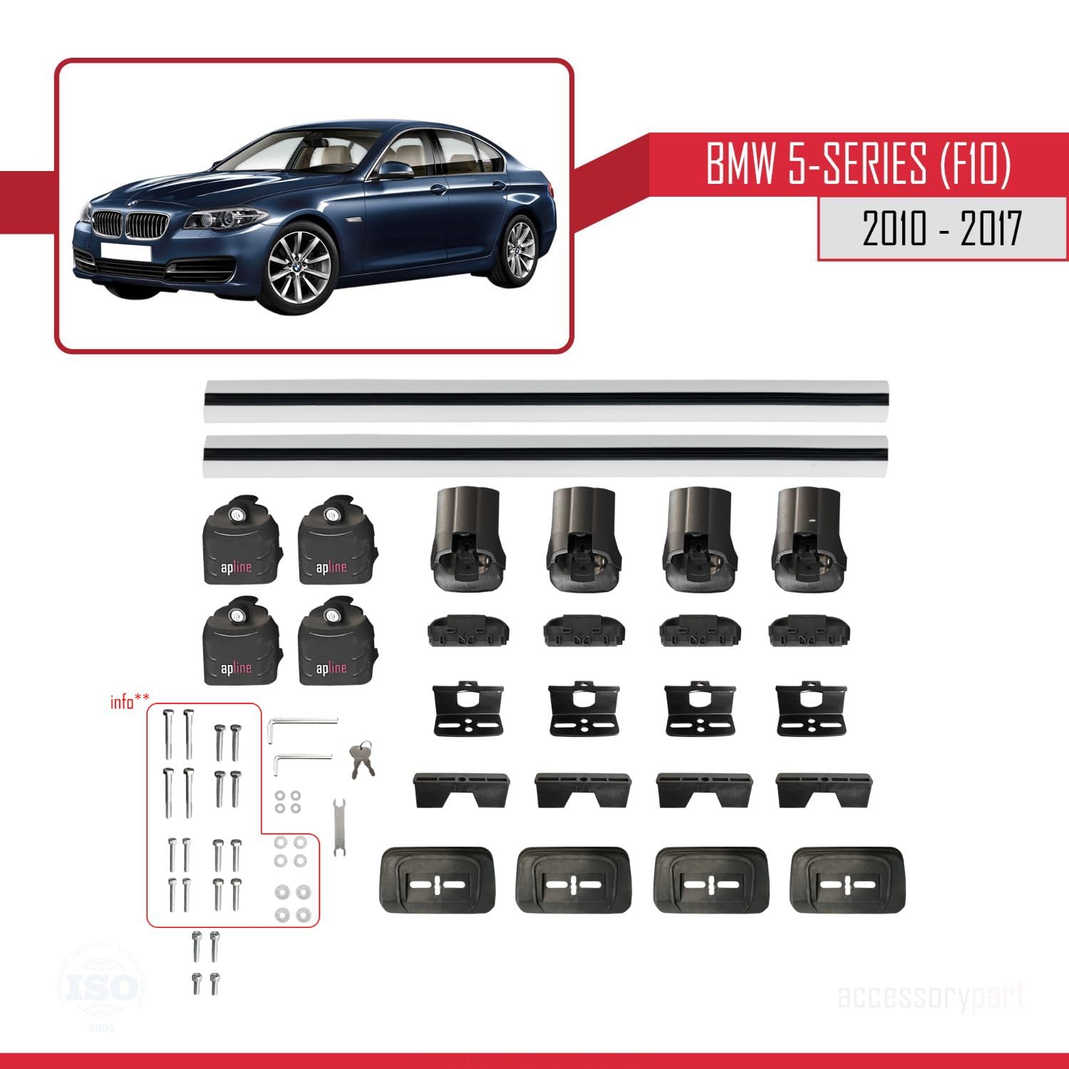 Compatible con BMW Serie 5 (F10) 2010-2017 Modelo Ace-3 Barra de Techo Auto Portaequipajes Barras Transversales Gris Aluminio 2 Barras