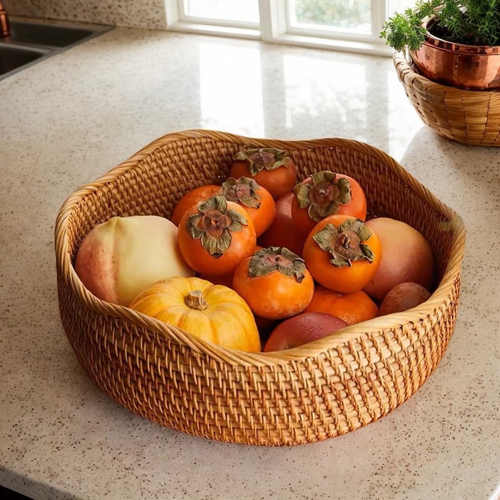 Handwoven 3-Piece Rattan Bread & Serving Basket Set, Natural Woven Rattan Baskets for Kitchen, Dining Room, or Home Decor, Small Medium Large Sizes, Vietnam Material