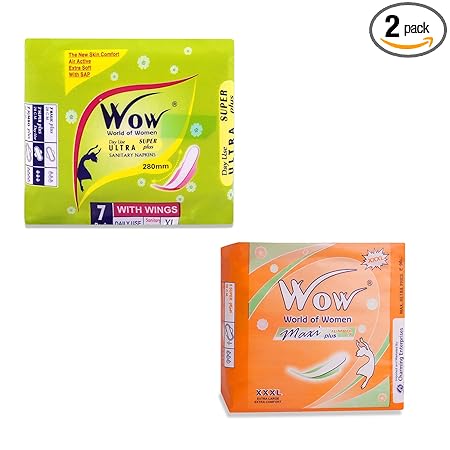 WOW Combo Pack of Maxi Jumbo Plus 320 MM and Ultra Super Plus 280 MM Sanitary Napkin XL and XXL Pads/Napkins for Women Ultra Thin Dry Coverage Organic and Rashes Free Disposable Pads- Pack of 2 (14 Pads)