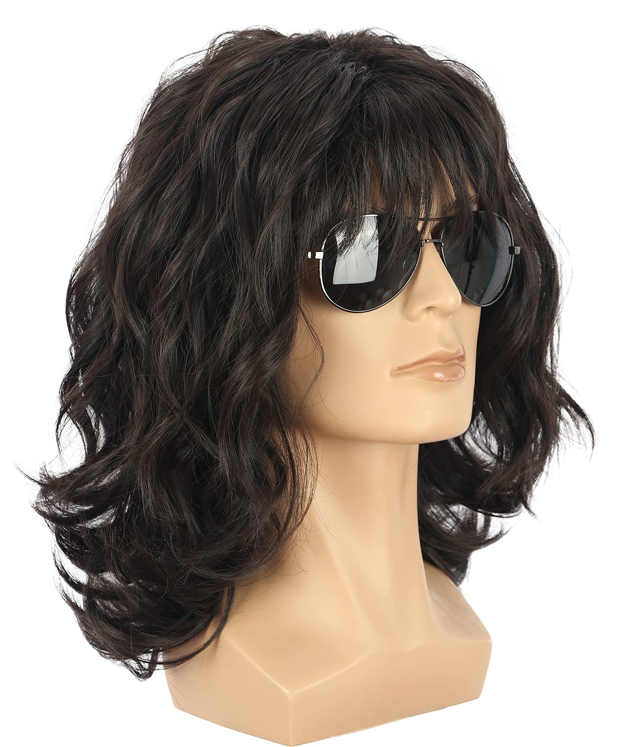 Yuehong Long Curly Dark Brown 70s 80s Shawl Punk Rocker Wig Mullet Cosplay Costume Heat Resistant Synthetic Fibers Soft Durable Breathable Wig - Image 4