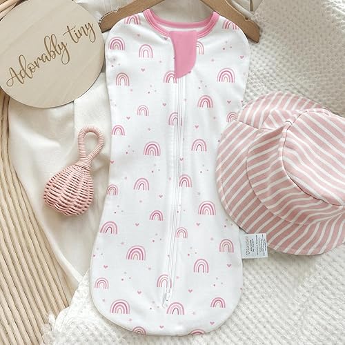 Miniatura 7 de Manta para bebé de 0 a 2 meses, saco de dormir de algodón con cremallera y brazos, mantas para niñas recién nacidas (lazo, arcoíris, paquete de 2)