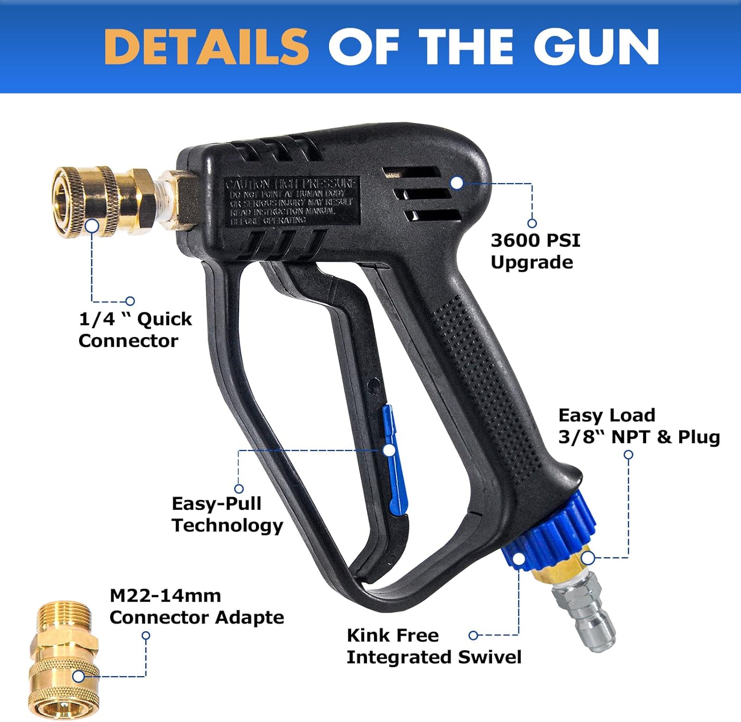 TOOLCY Short Pressure Washer Gun with Swivel, 4000 PSI, Power Washer Trigger Gun with 5 Spray Nozzle Tips, 3/8" Quick Connector & M22-14mm Adapter, 7 GPM