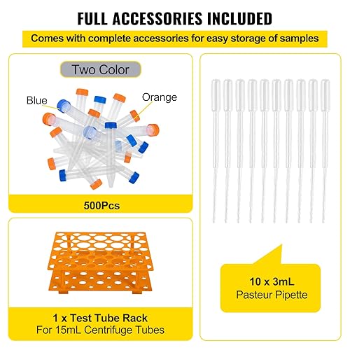Miniatura 6 de VEVOR Tubos de centrífuga cónicos, 0.5 fl oz, 500 unidades de PP graduados con tapa de rosca a prueba de fugas, estante de tubos de ensayo y marcas,