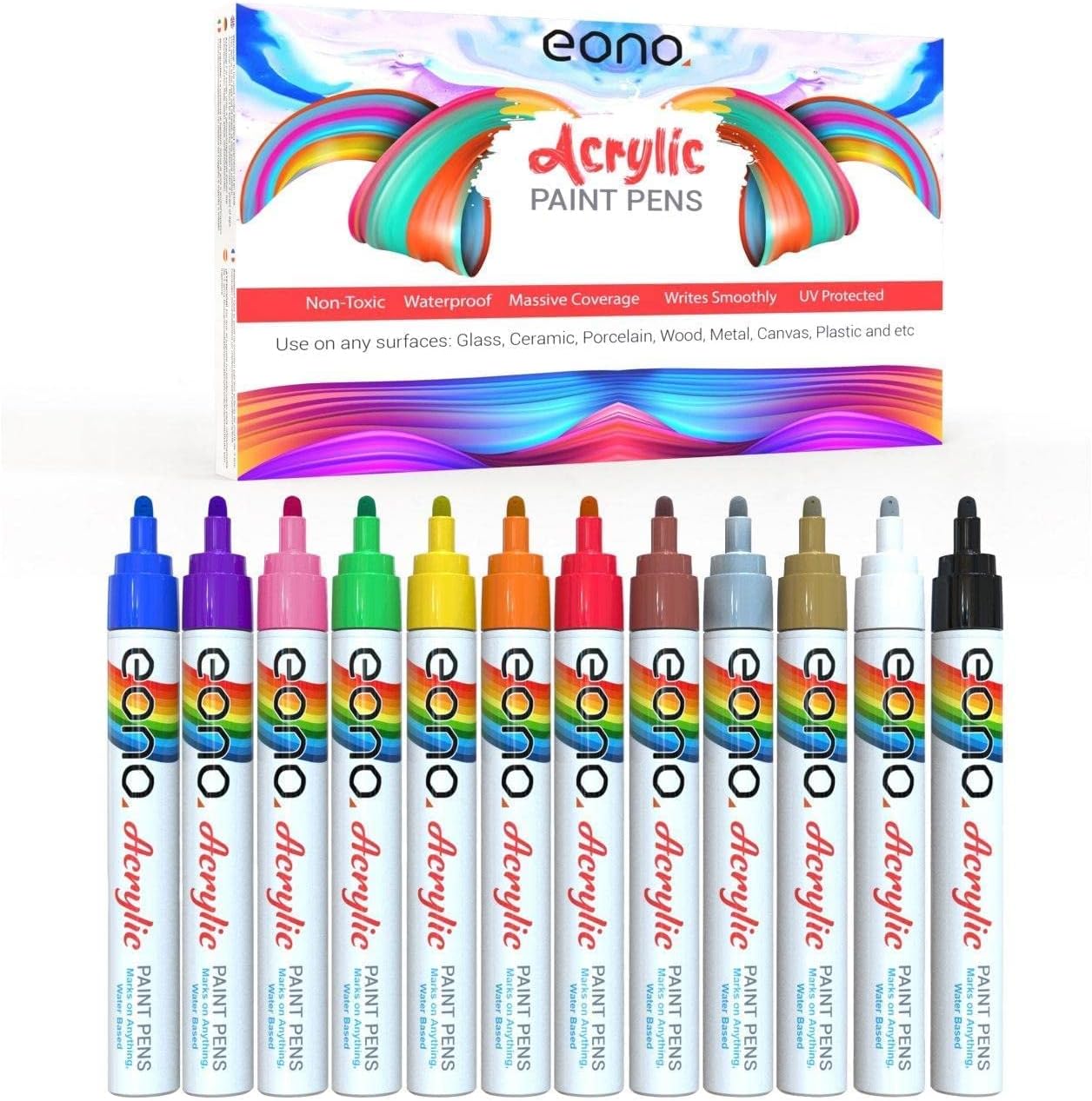 Eono Acrylic Paint Pens - Water Based Non Toxic Drawing Painting Markers – for Rock, Stone, Ceramic, Glass, Wood, Porcelain, Pebbles – Craft Art Supply (Pack of 12)