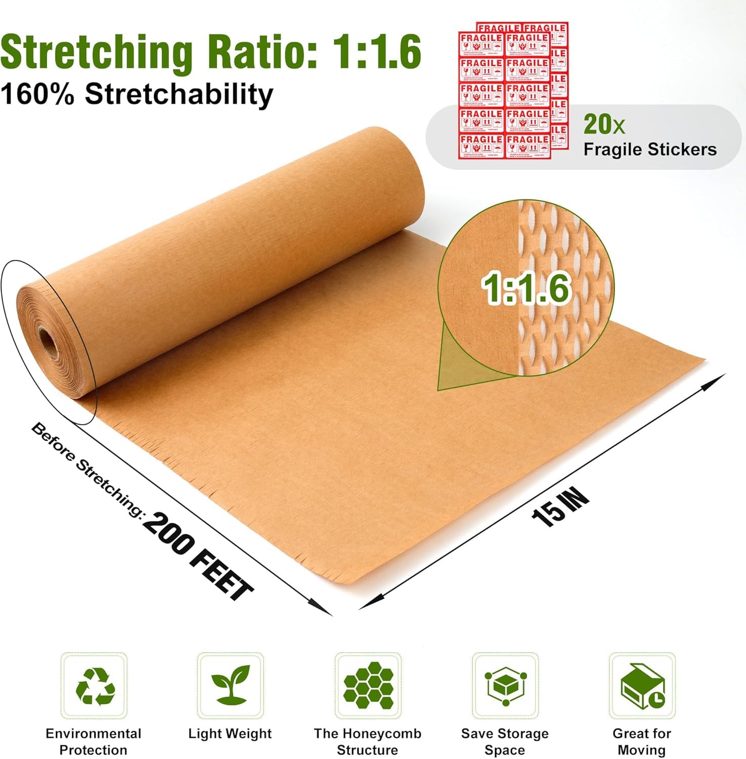 Luftpolsterfolie, 38,1 x 50,8 m, zum Umziehen, Schutzrolle, recycelbar und biologisch abbaubar, Polsterung, Verpackungsmaterial, umweltfreundliche Verpackung