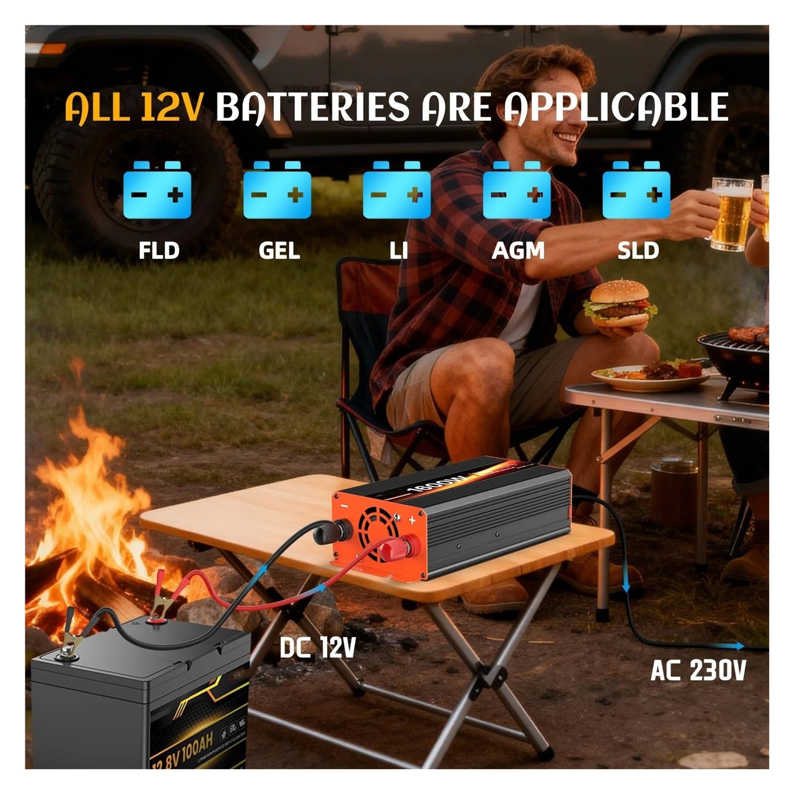 Inversor Corriente Coche Potencia Máxima 1600W Inversor Onda Sinusoidal para Pura CC 12V Ca 220V 230V Europeo Electrodomésticos Viaje RV Protección Pantalla LCD