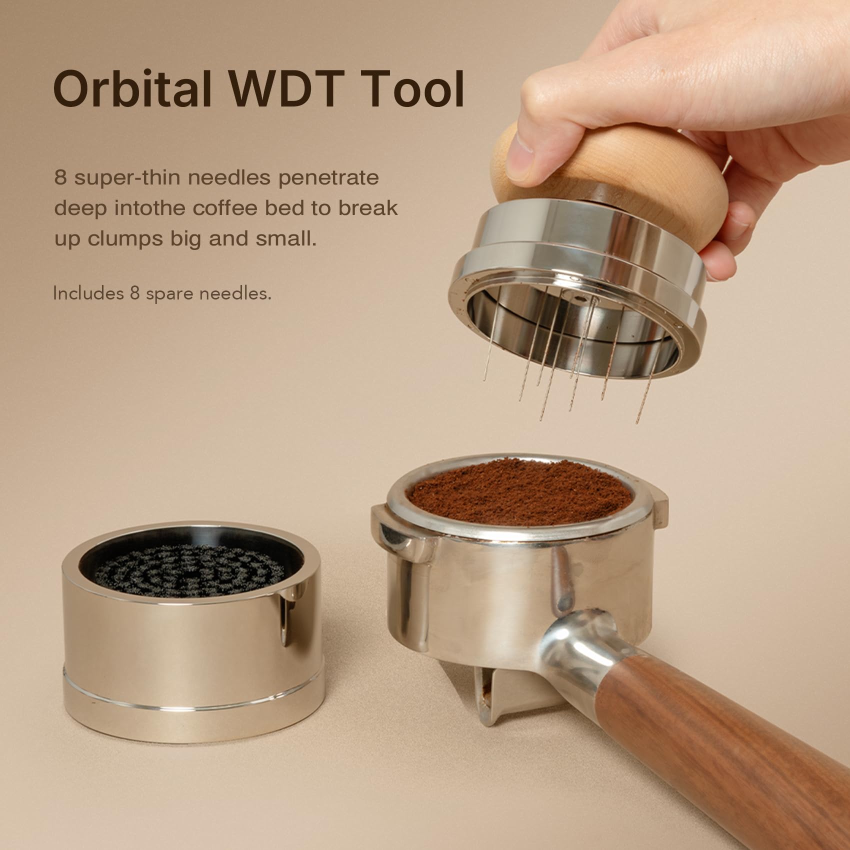 TIMEMORE Juego de prensos, 58,4 mm con herramienta WDT, prensa autonivelante y distribuidor de gravedad para la preparación profesional de café – Excursión de madera