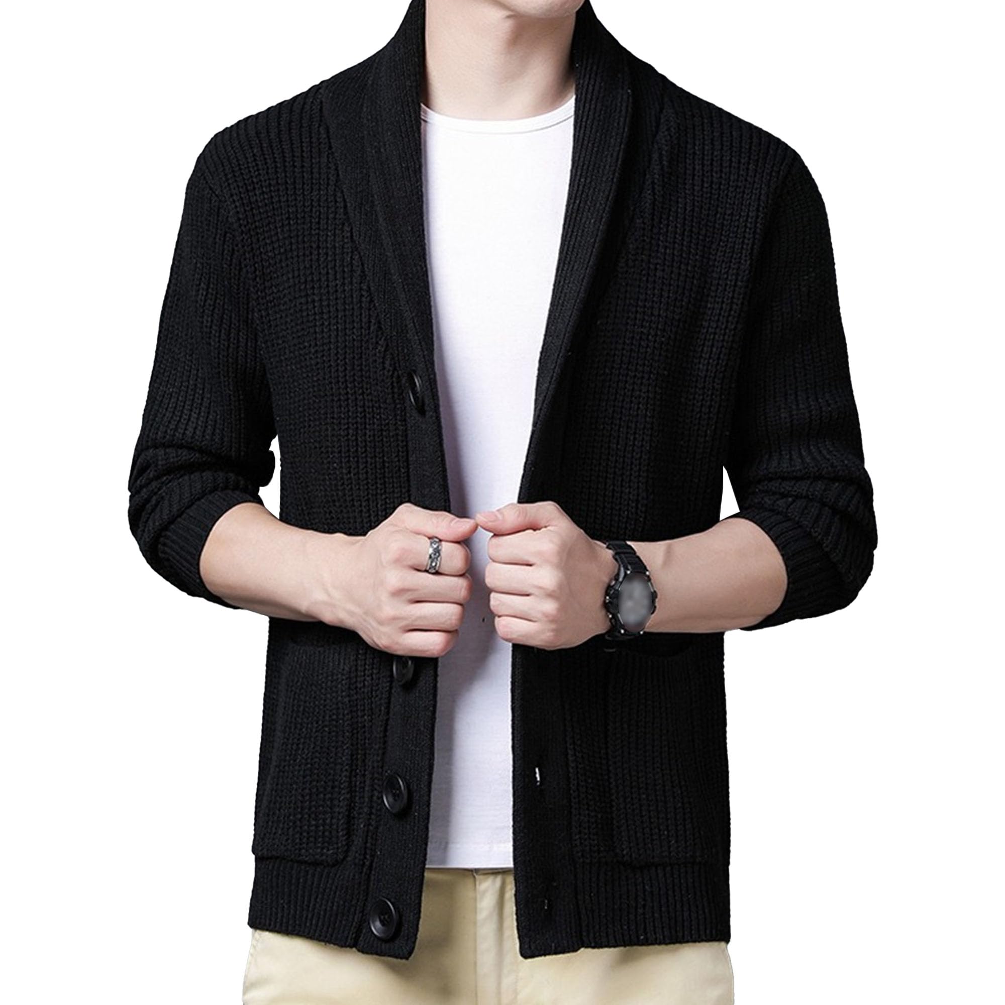 Męski szal kołnierz slim fit kardigan sweter regularne prążkowane kardigany sweter męski kabel dzianina zapinana na guziki kieszenie swetry