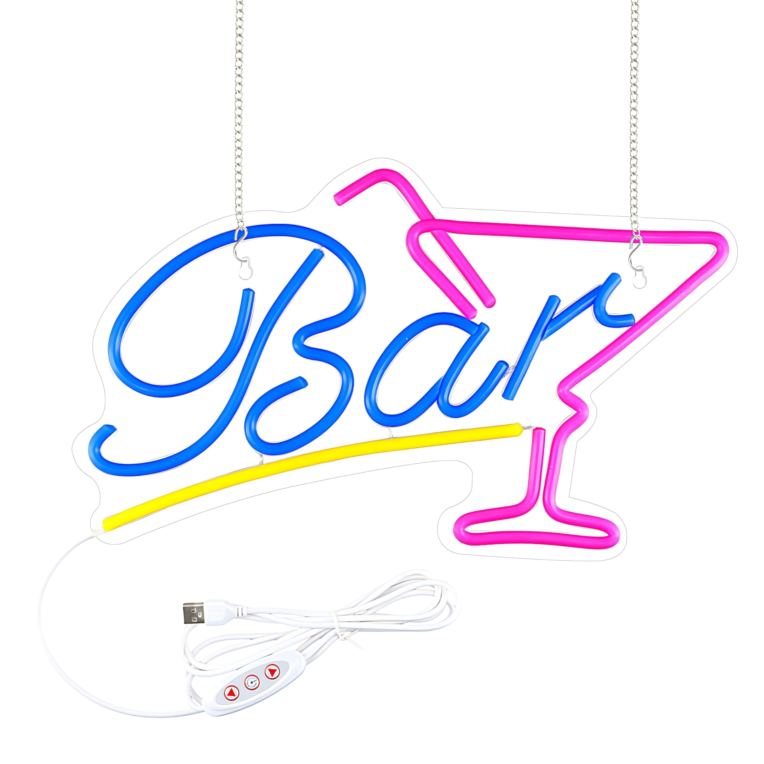 Insegna Neon Bar LED, Panel Acrílico 38x23cm con Cadena y Gancho Adhesivo, USB Luci Con Ajuste de Brillo, Decoración de pared Bar Pub Club Restaurante Hogar