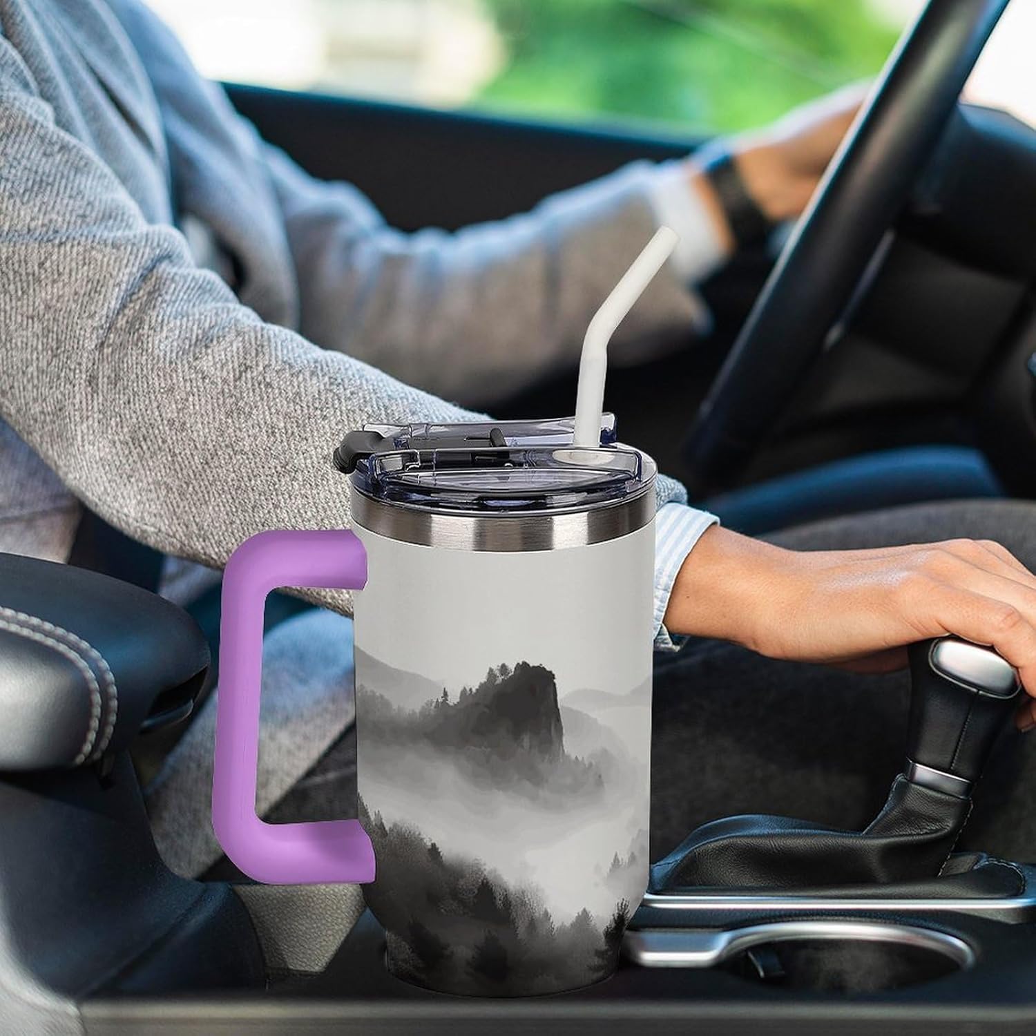 Foggy Mountains Forest Travel Coffee Mug Reusable Durable Stainless Steel Insulated Tumbler with Handle And Straw Leak Resistant Portable Thermal Cup Gifts for Men Women 40 Oz
