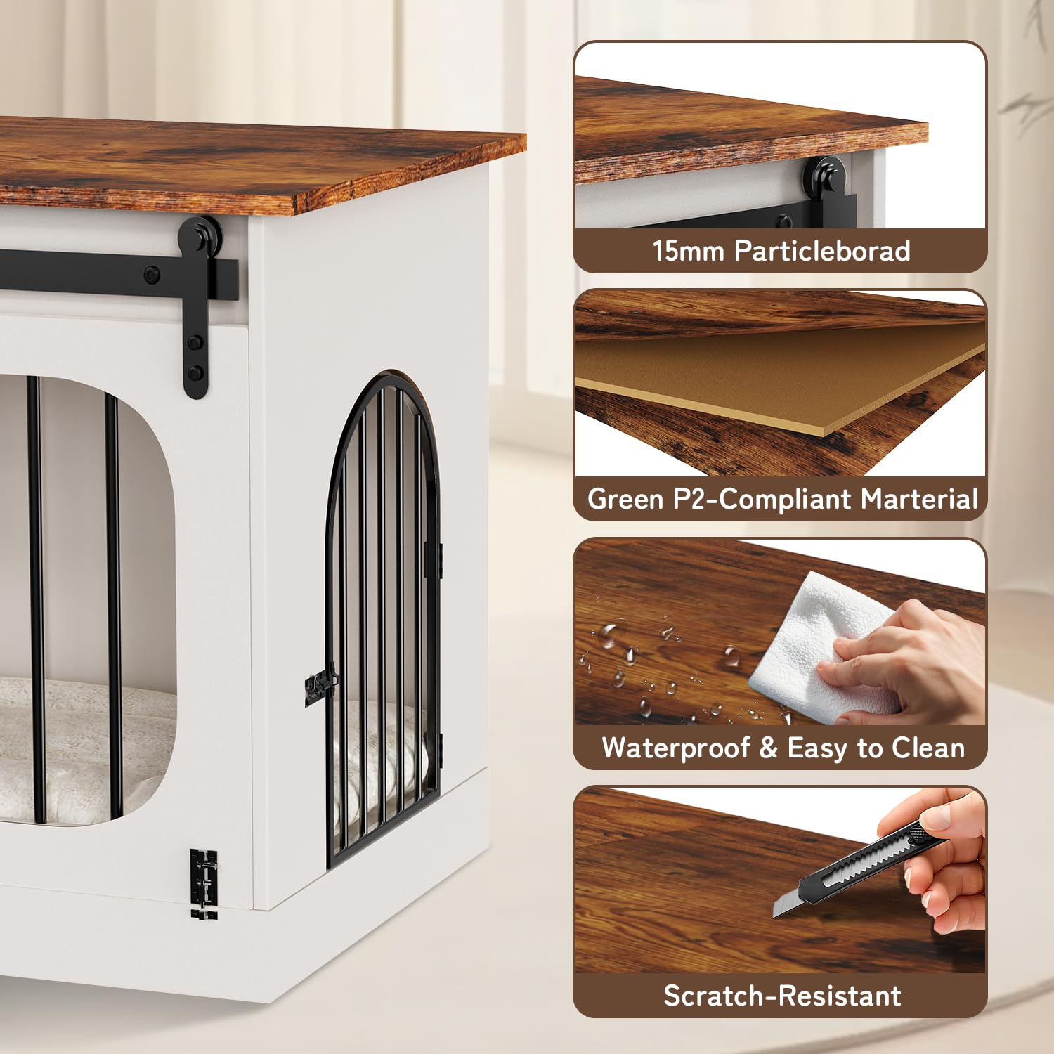 Jaula para Perros Mueble 100 cm, XL Caja para Perros para el Hogar con 3 Puertas Corredizas & Colchón para Perros, 100x60x69cm, Blanco & Marrón