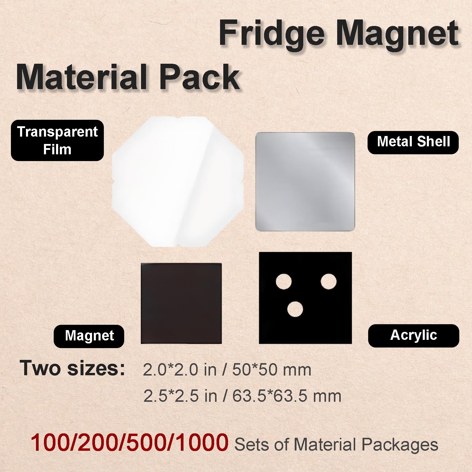 Kühlschrankmagnete mit Fotos, quadratisch, Acryl, verschiedene Größen, Kühlschrankmagnete in Weiß, einfache Montage, auch für Anfänger (500 Sets, 2x2 in / 50 x 50 mm)