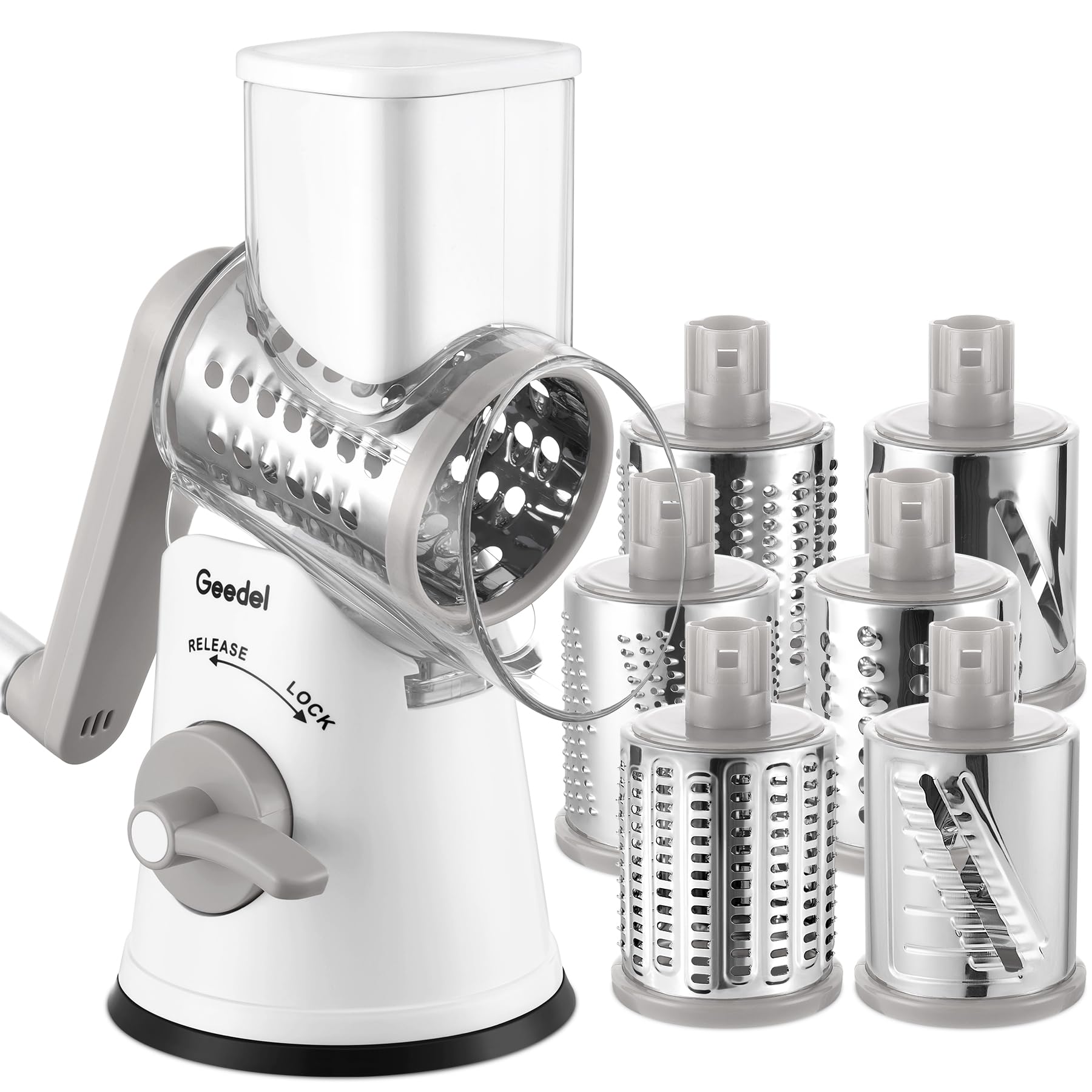 Geedel Rotary Cheese Grater Vegetable Shredder With 6 Interchangeable Blades No Slip Suction Base, Mandoline Slicer &amp; Food Chopper for Cheese, Ice, Nuts, Vegetables, Veggie