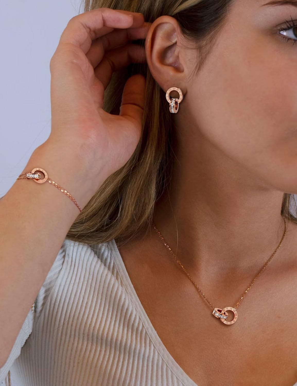 AILPIWE Dainty Necklace Bracelet Earrings Set for Women Gold Silver Rose Gold Diamond Interlocking Circle Jewelry Set for Sister Mom Gift - Image 3