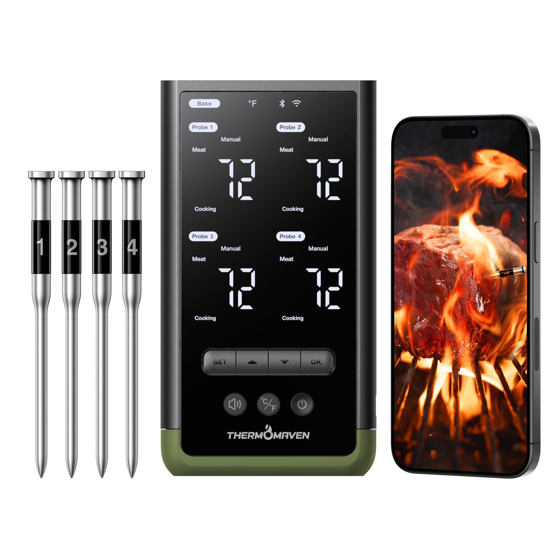 ThermoMaven Smartes Fleischthermometer Kabellose mit Basisstation, Bluetooth & WLAN, 4 Fühler, 6 Sensoren, NIST-zertifiziert, große, stabile WLAN-Reichweite, für Smoker, Backofen & BBQ, Avocadogrün