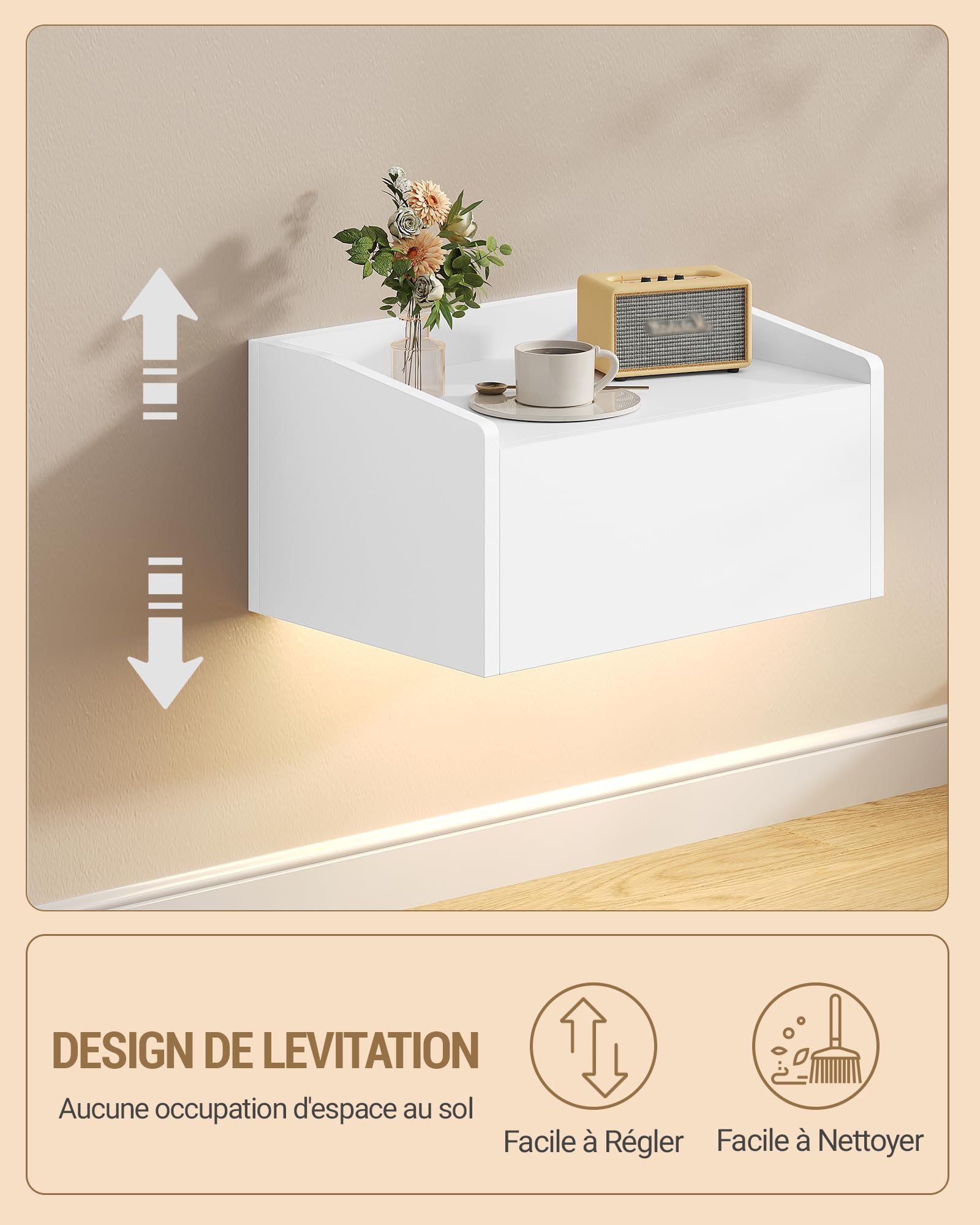 Hzuaneri Table de Chevet Suspendue,Table de Nuit Murale avec Éclairage LED
