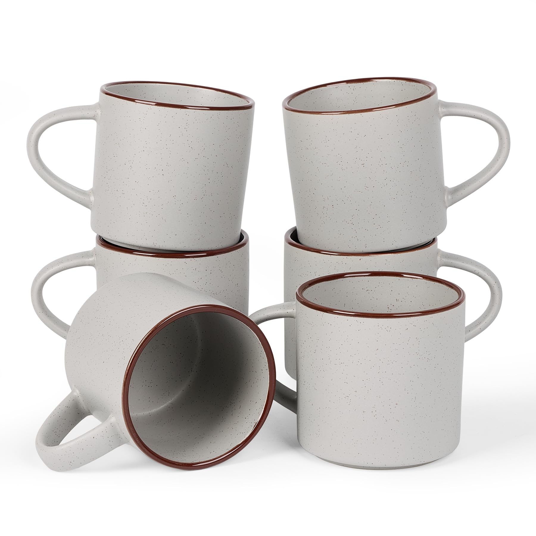 Richmount Halo Coffee Mugs Sets of 6, 13oz/370ml Stoneware Tea Cups with Large Handle and Burgundy Trim for Latte/Cappuccino/Milk/Cocoa/Tea, Microwave & Dishwasher Safe, Light Grey