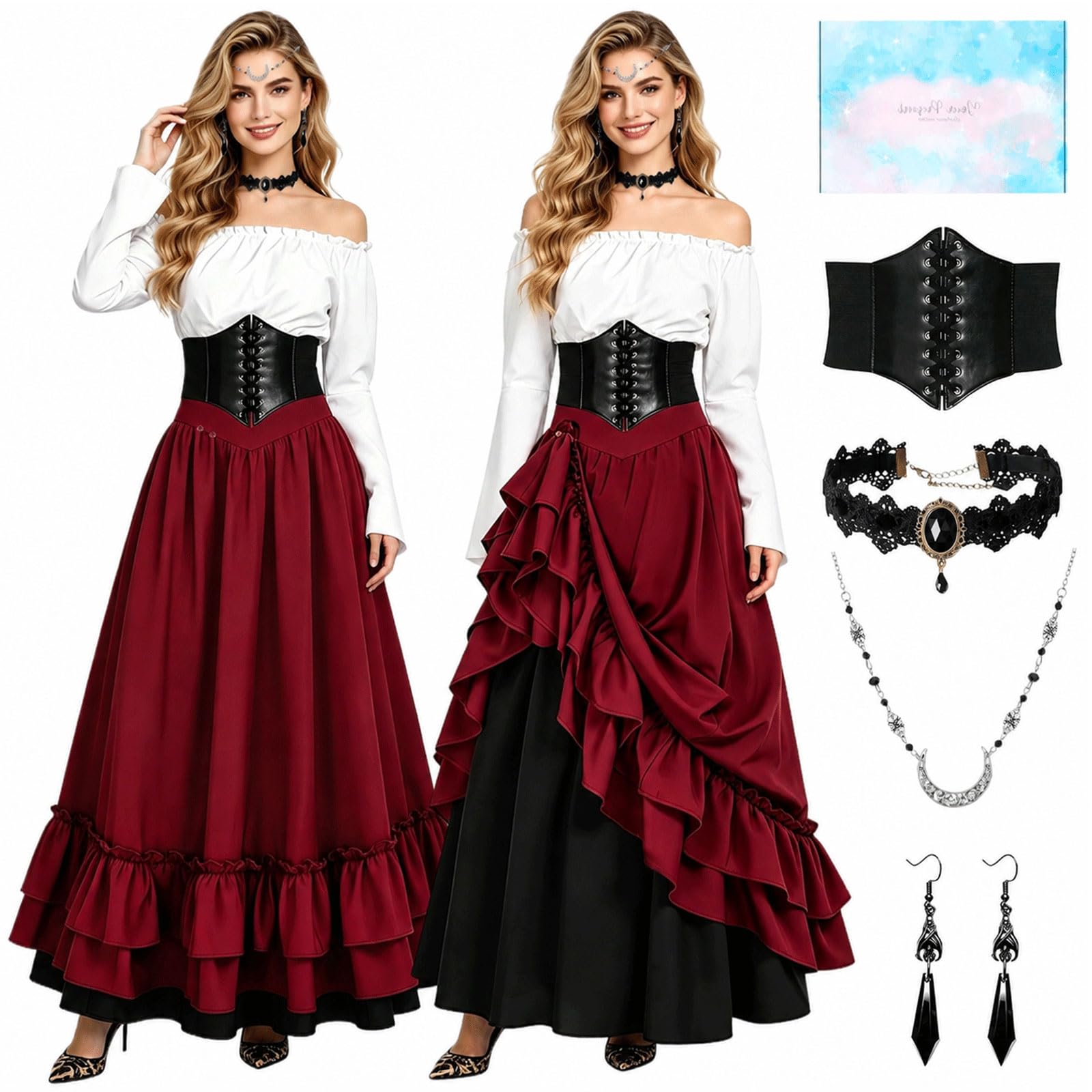 Robe Médiévale Femme, 2 Façons de Porter, Ceinture et Boîte Cadeau | Robe Gothique Médiévale avec Chemise, Robe Victorienne, Deguisement Renaissance pour Halloween, Cosplay et Fête
