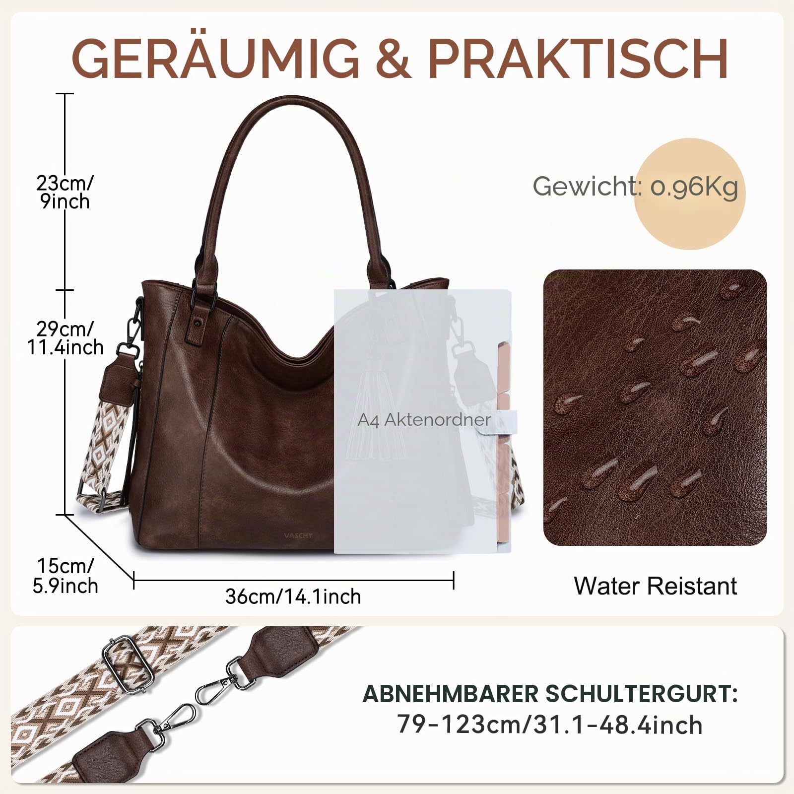 VASCHY Handtasche Damen, Leder Umhängetasche Groß Schultertasche Shopper Hobo Tasche Tote Bag mit Abnehmbarem Gitarrengurt