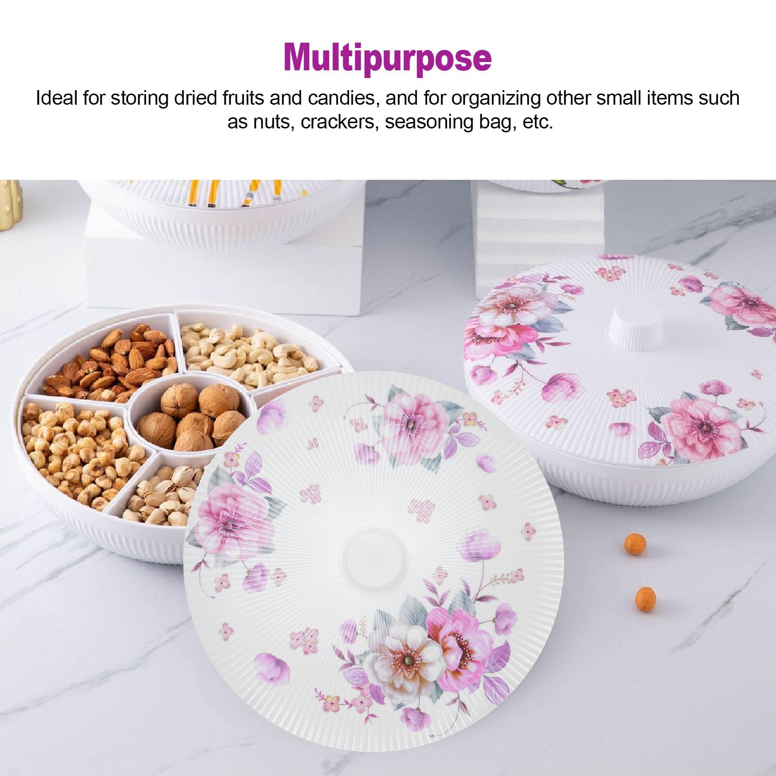 Yctze Plateau de Service Rond divisé avec Couvercle – 6 Compartiments pour Collations, Apéritifs, Bonbons, Noix et Fruits Secs – Rangement et Divertissement à Domicile