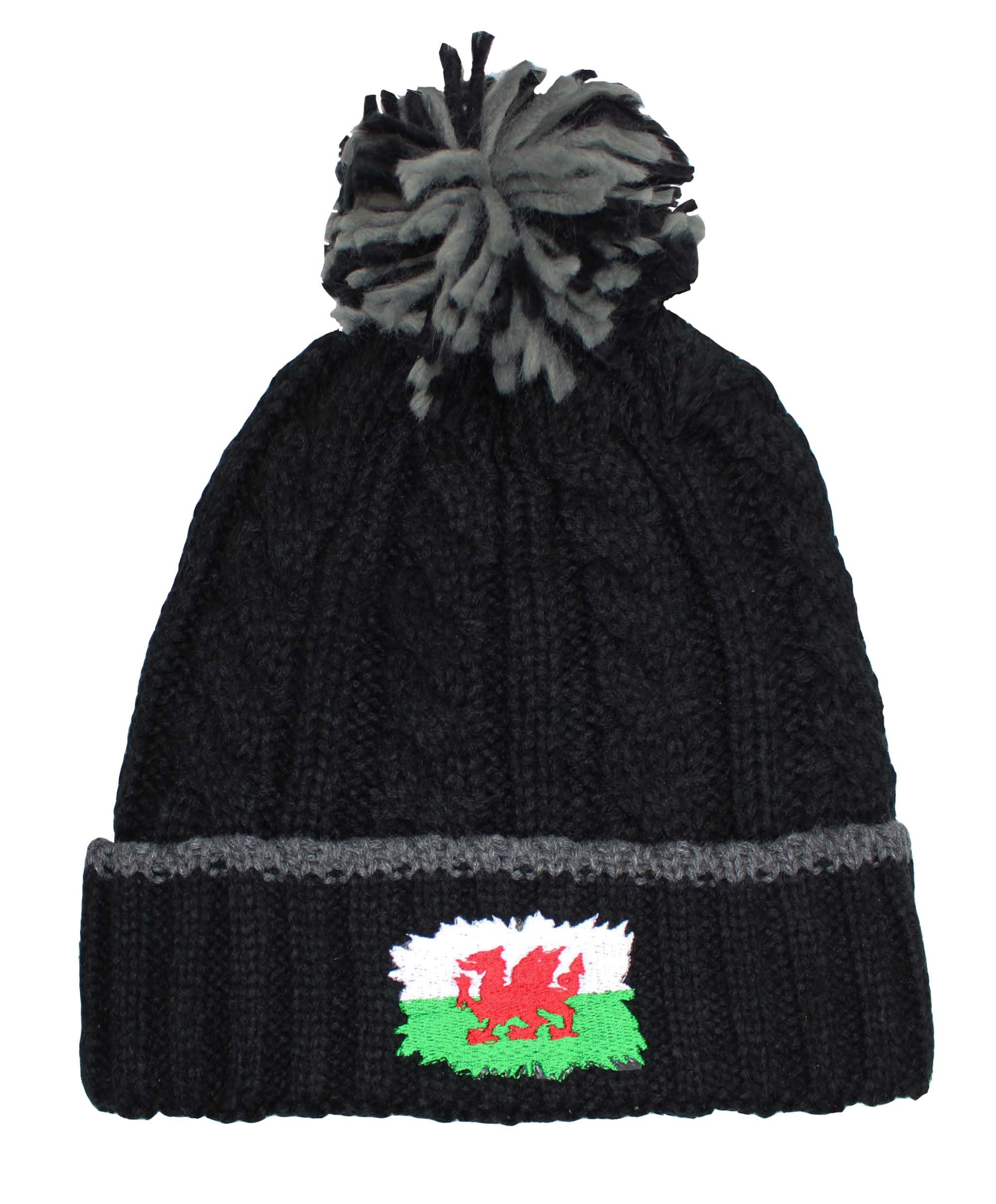 Teddyt's Men's Black Welsh Flag Wales Embroidered & Grey Fleece Lined Cable Bobble Hat