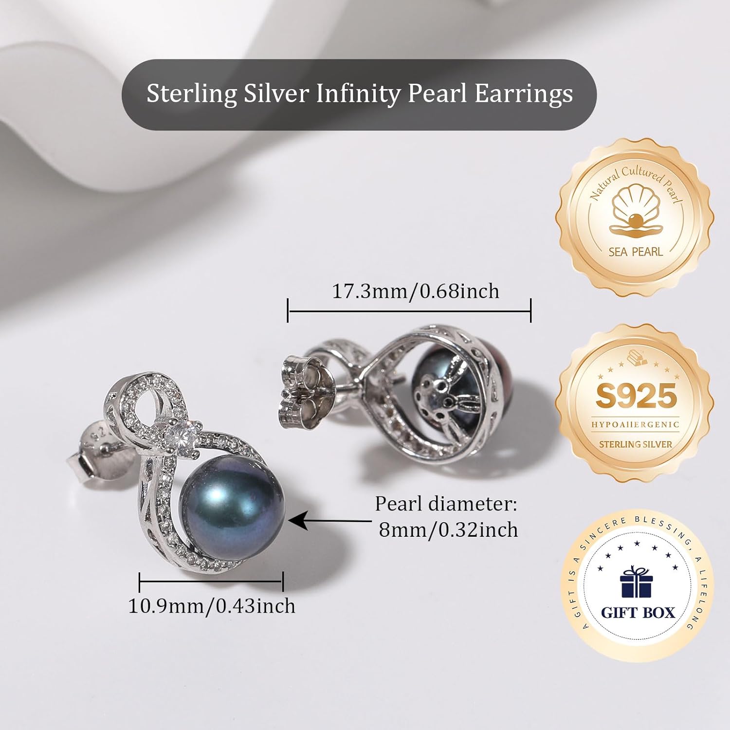 S925 Sterling Silver Infinity Pearl Earrings Stud for Women, Genuine Quality 8-8.5mm Round Saltwater Cultured Pearls 14K Gold Plated Hypoallergenicity Jewelry Gifts for Mother Wife Bridal - Image 5