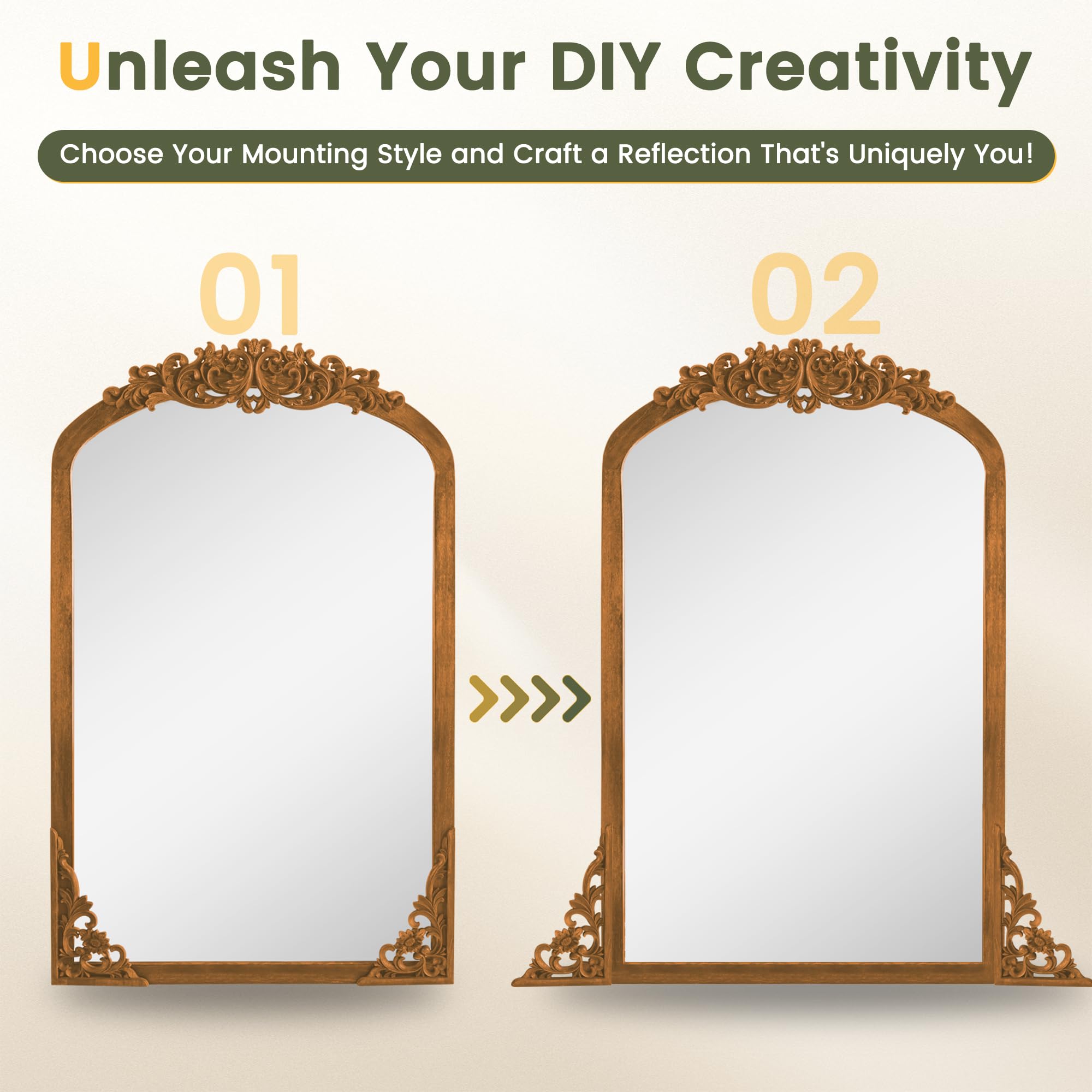 GlasFlength Arched Full Length Mirror Vintage Carved Mirror Solid Wood Frame Wall Mirror for Home Decor Bathroom Entryways Living Rooms Dressing Mirror, Gold, 39"x 28"