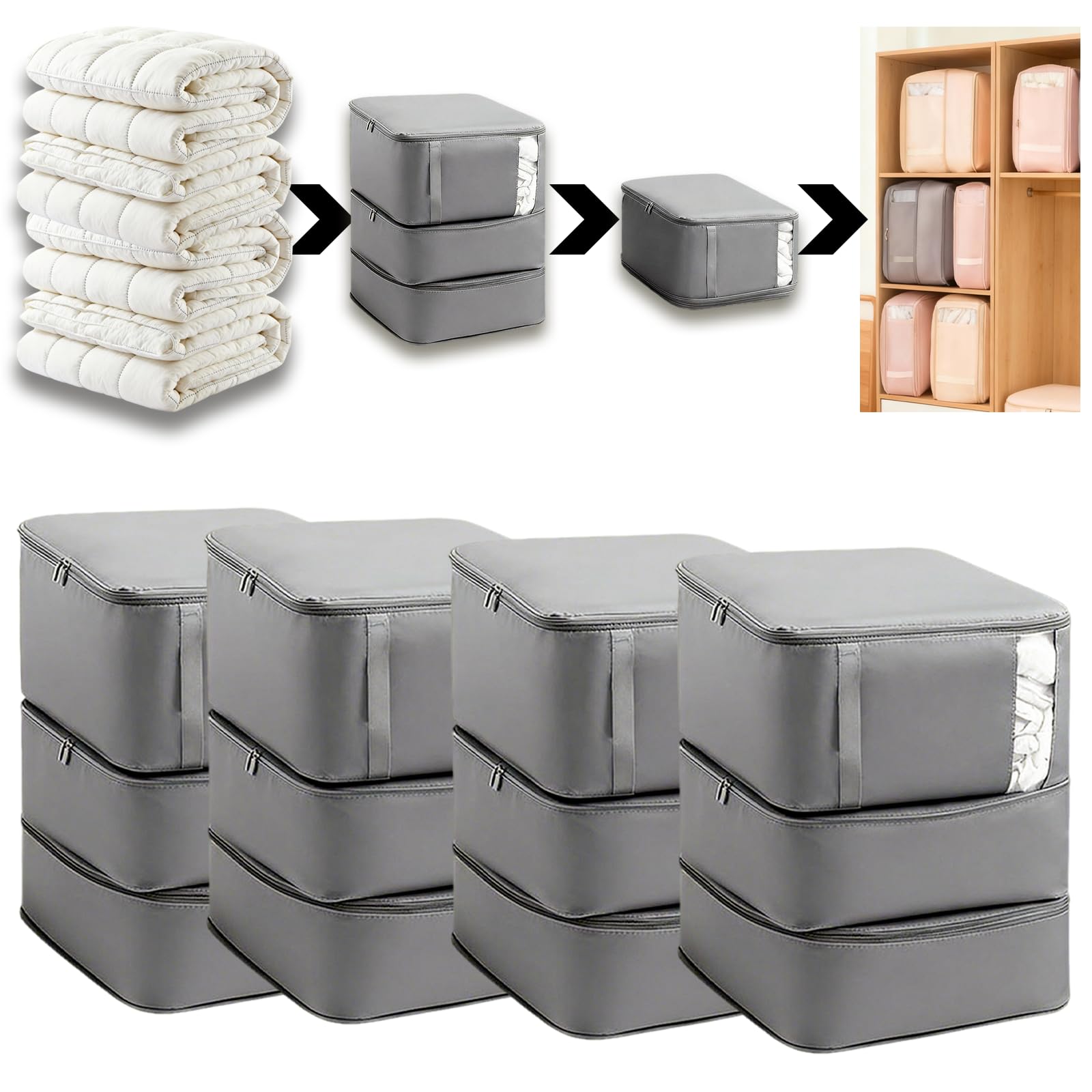 Borsa portaoggetti, 4 pezzi, a compressione, a 3 strati, di grande capacità, colore grigio, con manico rinforzato, per riporre copriletti, coperte (Grigio)