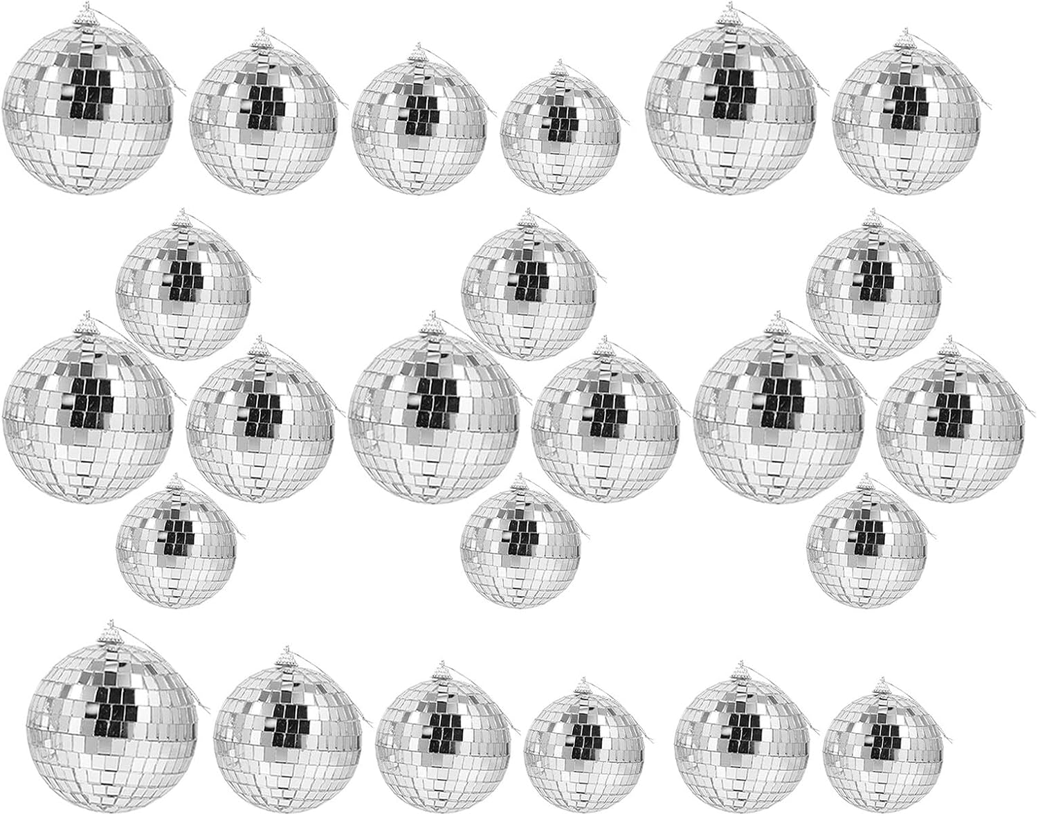 HEMOTON 24pcs Small Mirror Disco Balls Hanging Decorative Glass Ornaments Silver Reflective Surface for Christmas Tree Wedding Party Home Décor