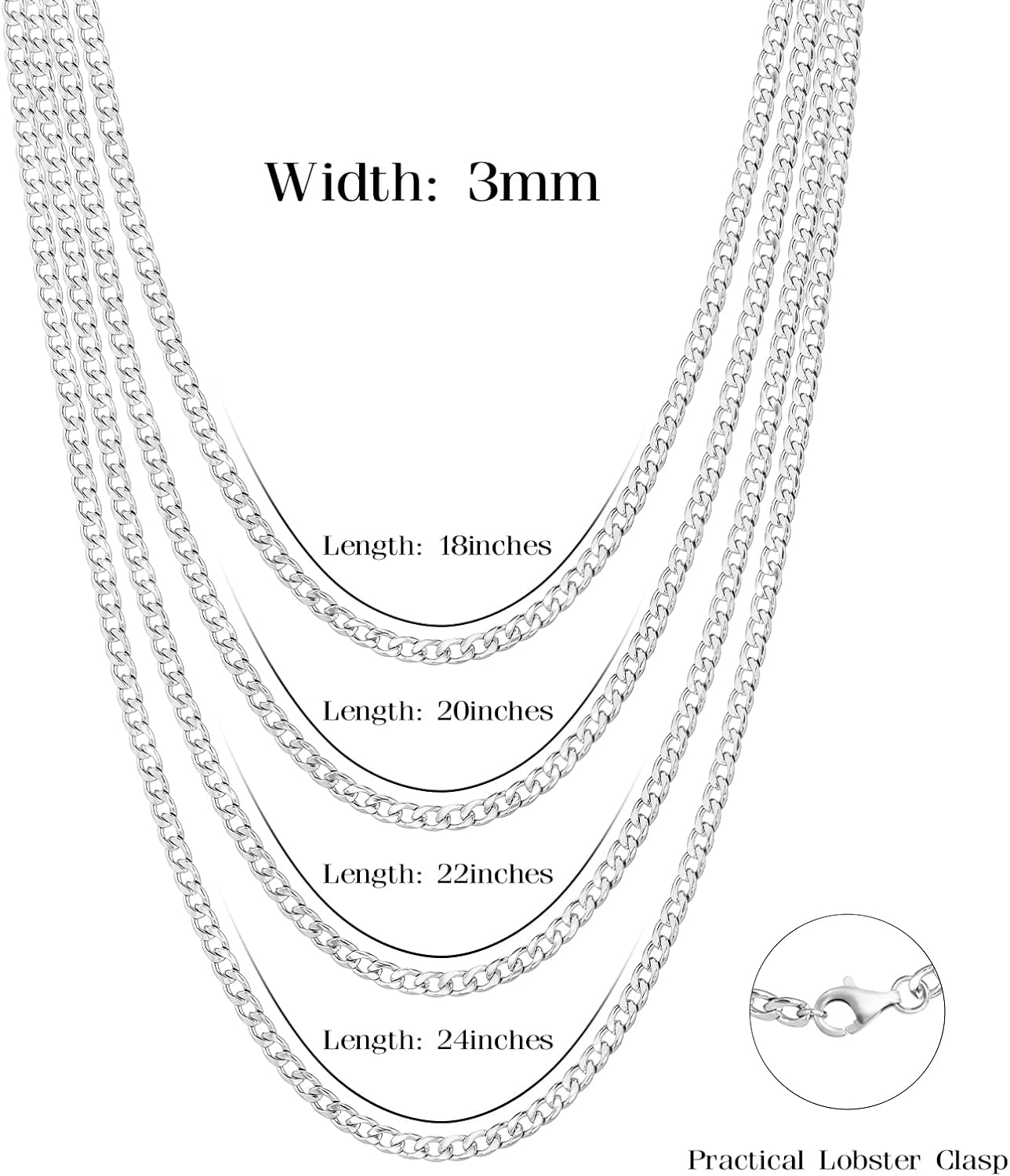 Silver Chain for Men, 3mm/5mm Cuban Link Chains for Men Stainless Steel,Mens Necklace Chain 18/24 inch,Gift Box Included - Image 2