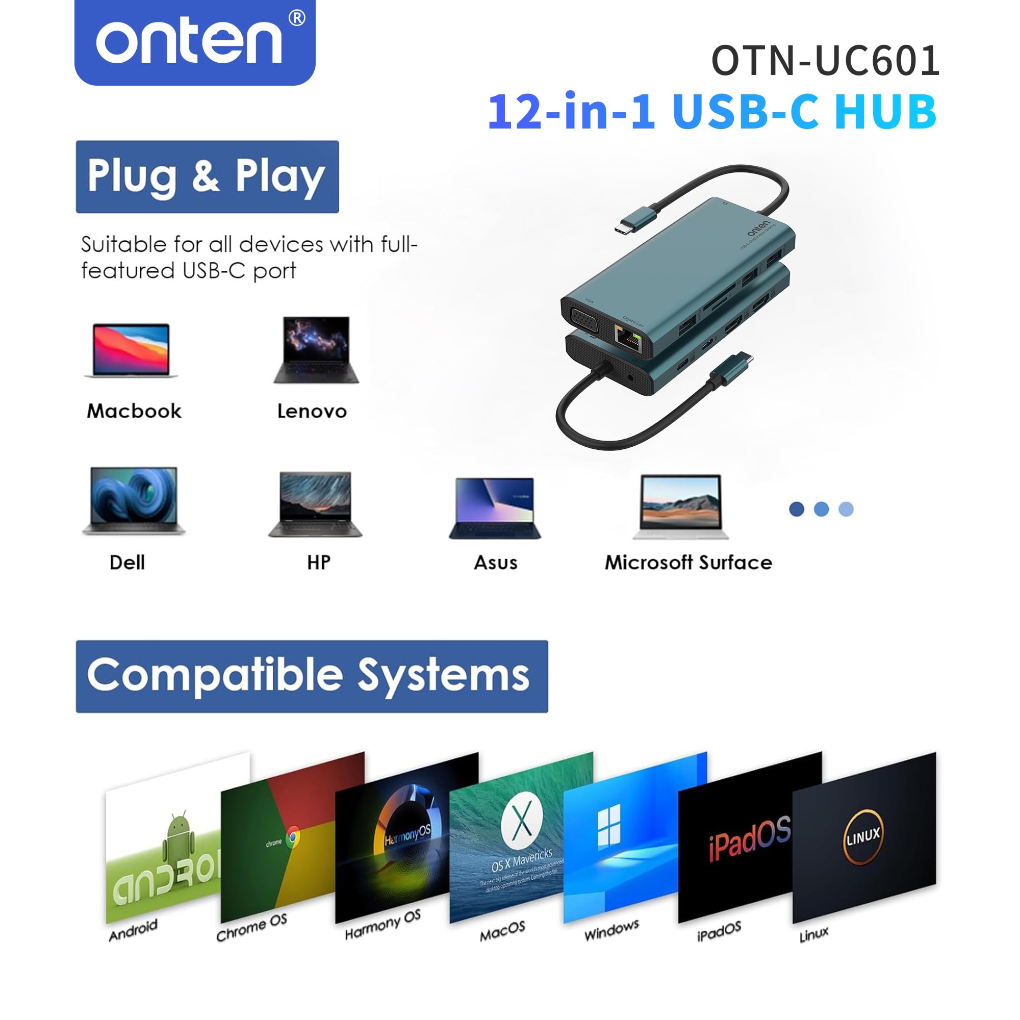 Onten USB C Hub 12in1, Docking Station mit 2X HDMI 4K, 100W Power Delivery, 3X USB 3.0, Gigabit LAN, VGA 1080P, SD/TF Kartenleser, Audio – MacBook Pro/Air, Windows, Tablets