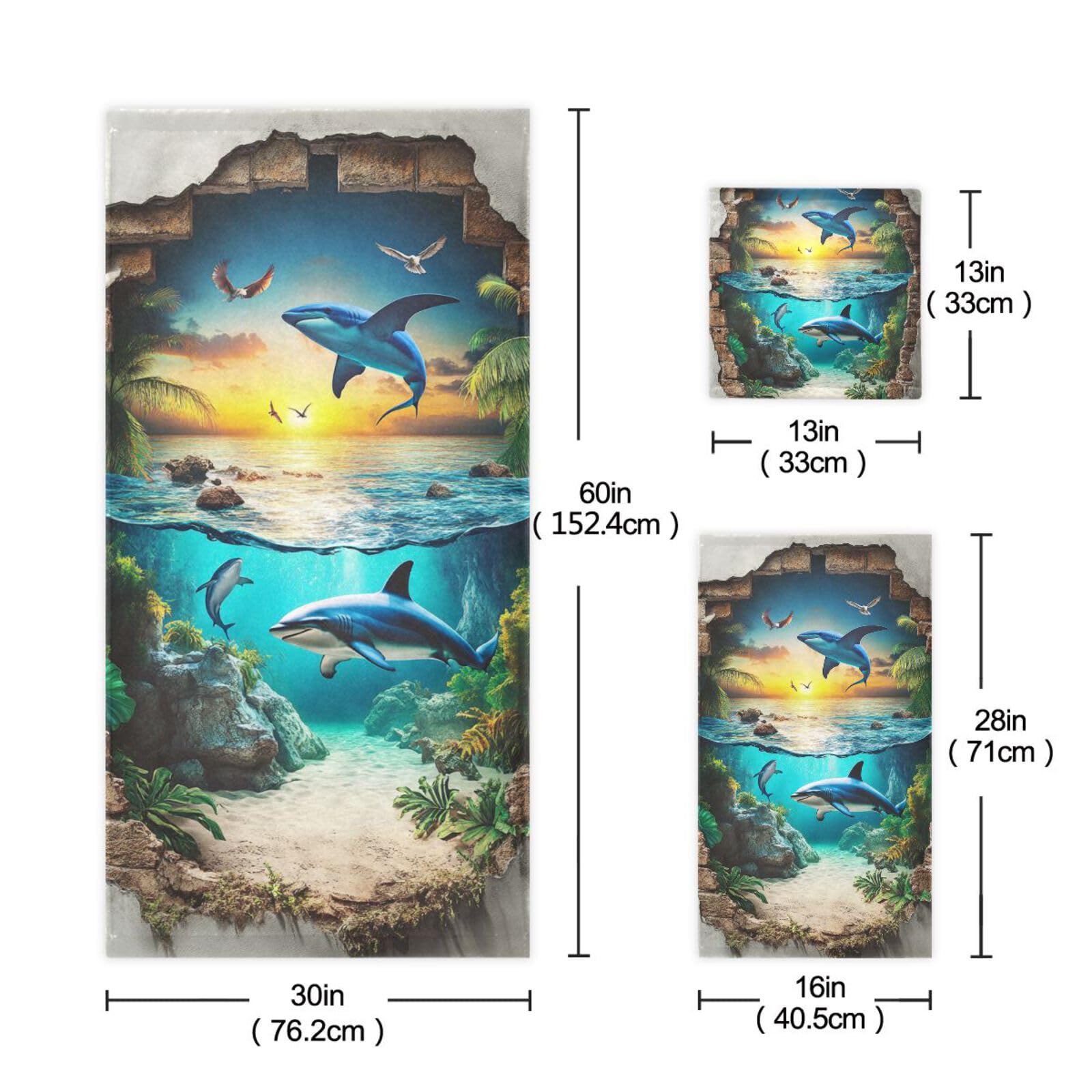 3D-Loch-Duschhandtuch-Set, weiße Wand, Ozean, Tiere, Fische, Meer, Gesicht, Handtücher, 1 Badetuch, 1 Handtuch, 1 Waschlappen für Yoga, Badezimmer, Küche