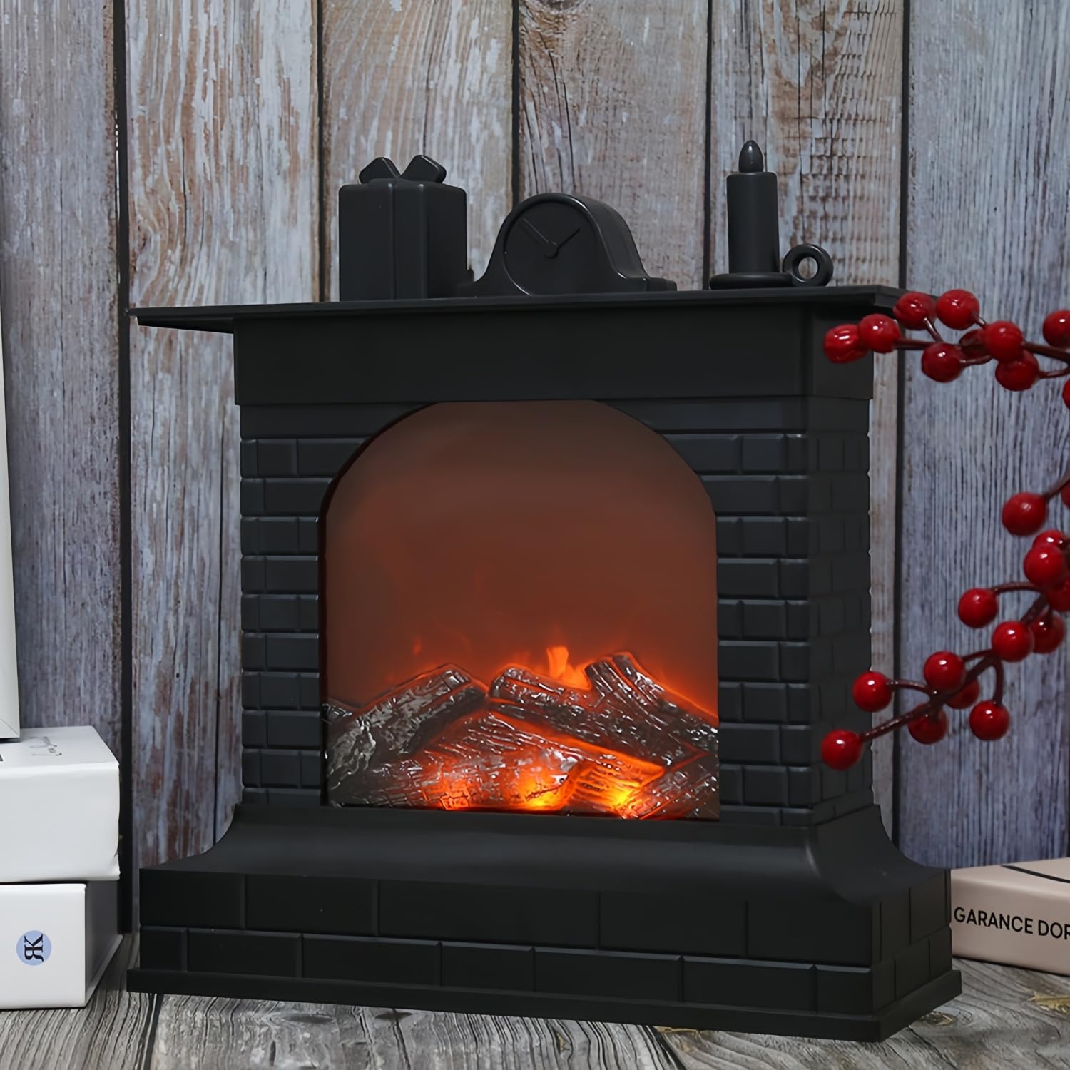 Simulated LED Fireplace Lantern USB & Battery Powered Flameless Light With Emulation Flame Table Decorative Lamp Copper Fireplace Ornament for Cozy Home Decor Free Standing Electric Log Burner
