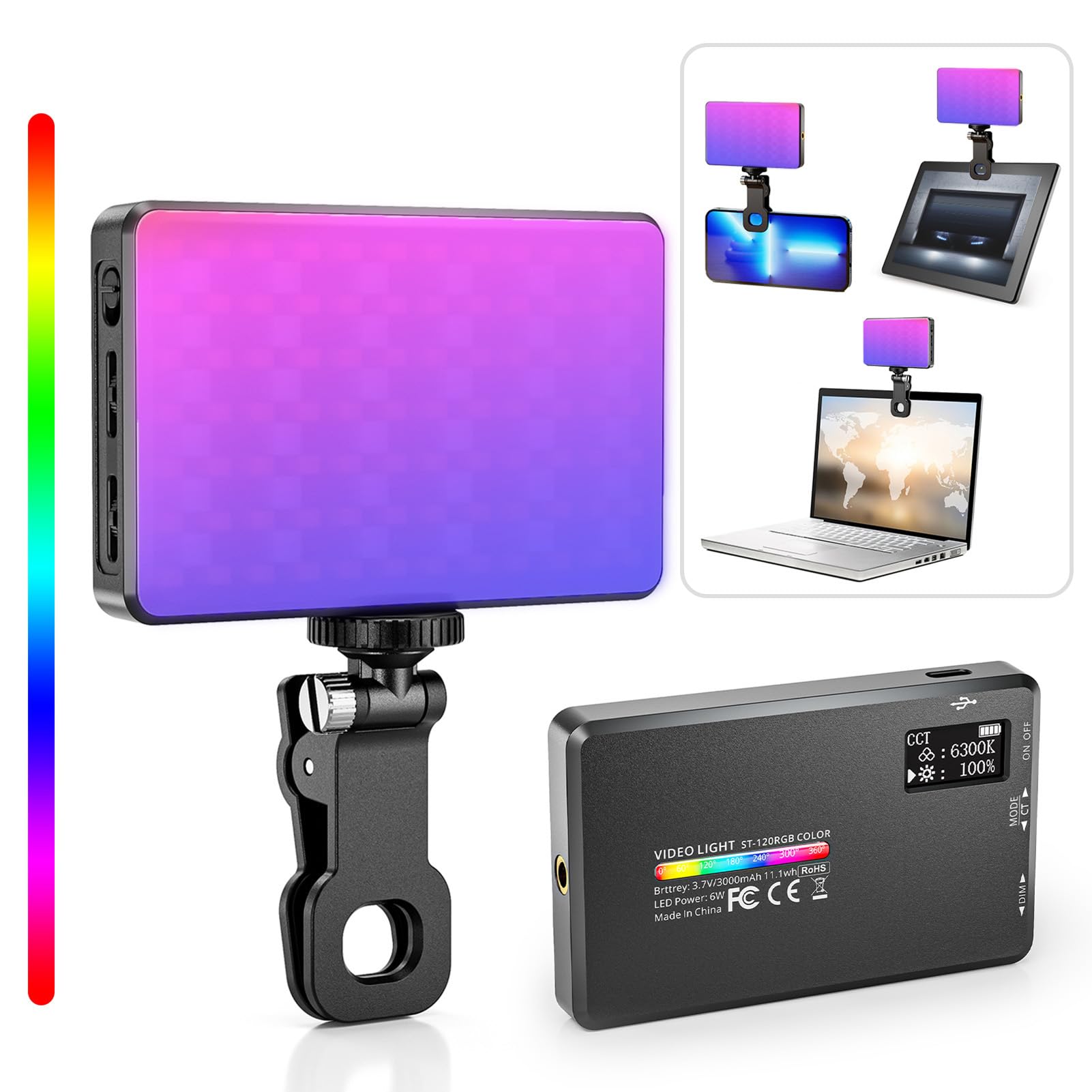 JoleritcST-120RGB Pocket RGB Video Light Clip-on Mobile Phone Fill Light Tablet Computer Video Conference LED Video Light 2500K-9000K Dimmable 20 Scene Lighting Effects for Online Meeting Live