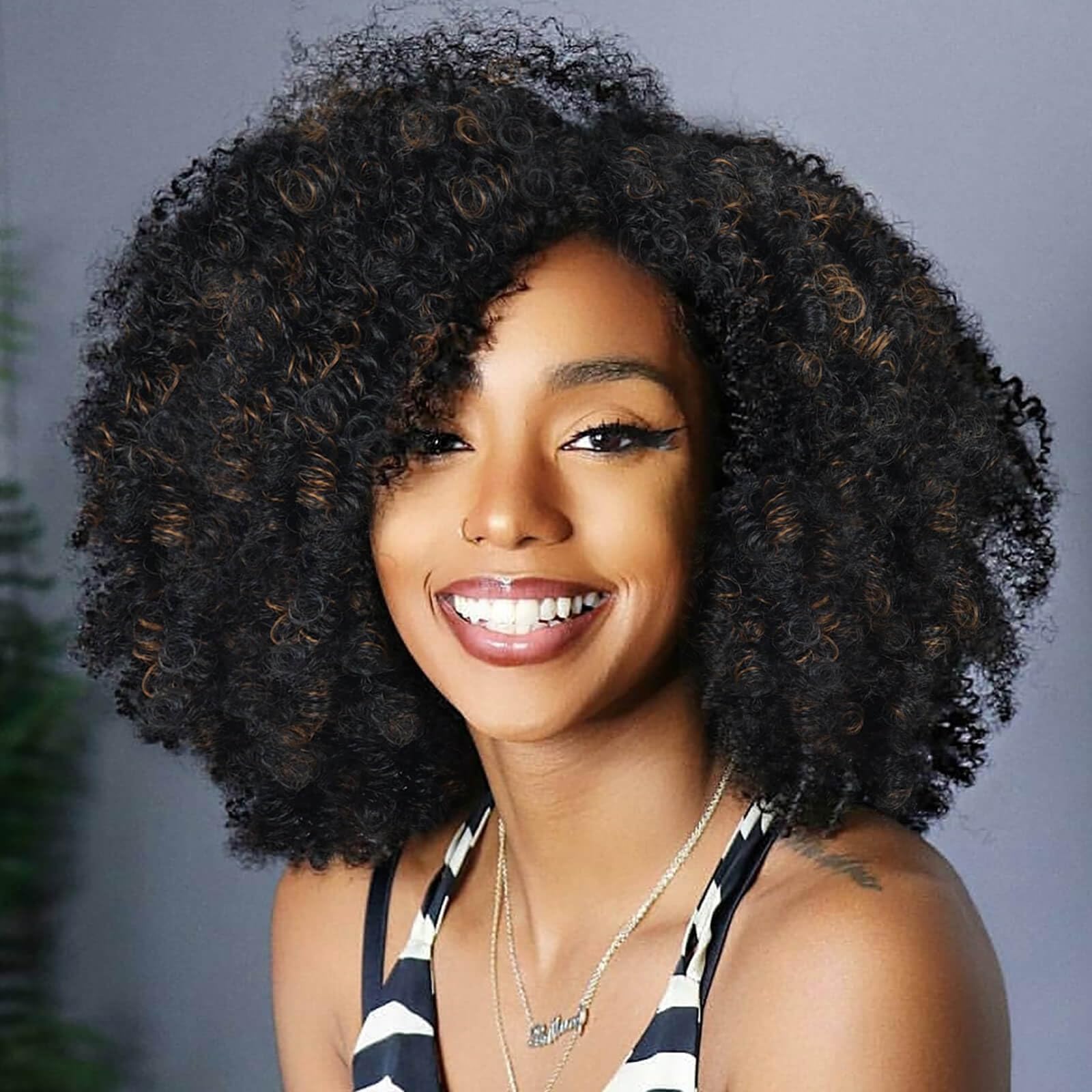 Creamily Short Curly Wig For Women Full Head,Natural Fluffy Kinky Curly Wig Soft Synthetic Ombre Darkest Brown Afro Puff Wigs For Women 10Inch Black Mix Blonde